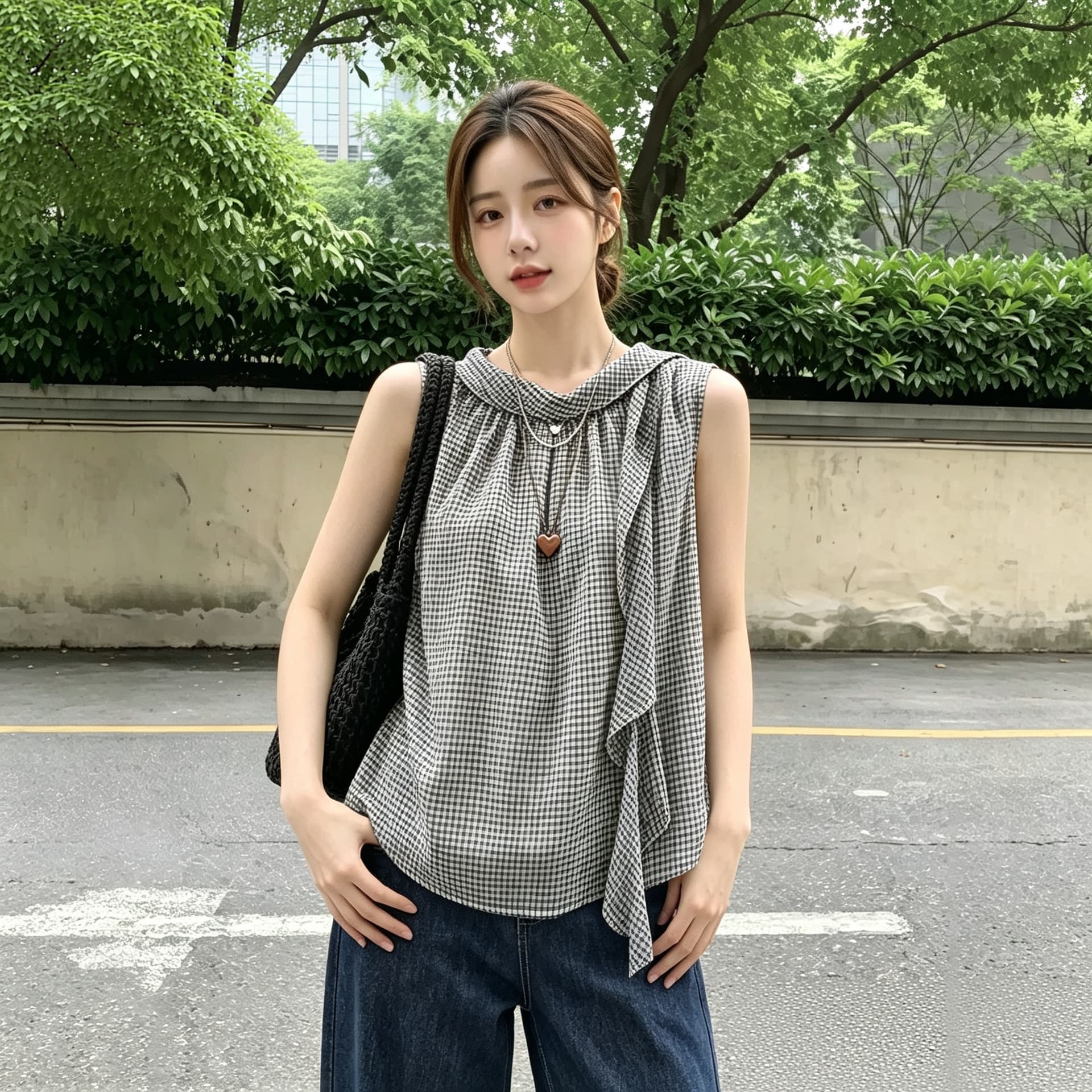 실사 빅 사이즈 MiG 흔들다 칼라 민소매 프릴 여성 셔츠 여름 디자인 센스 슬림해 보이는 어깨 쉬폰 톱 이미지 3