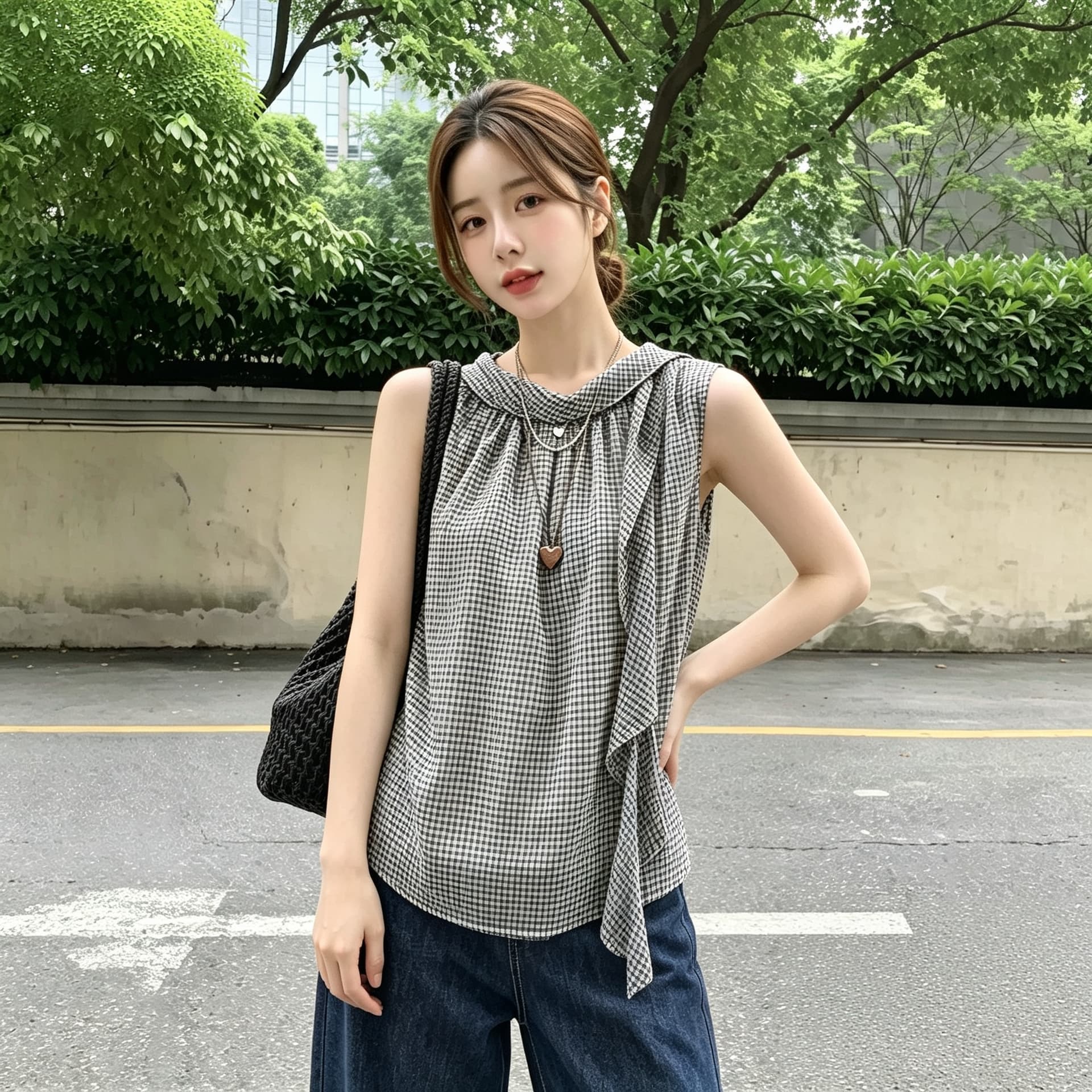 실사 빅 사이즈 MiG 흔들다 칼라 민소매 프릴 여성 셔츠 여름 디자인 센스 슬림해 보이는 어깨 쉬폰 톱 이미지 5