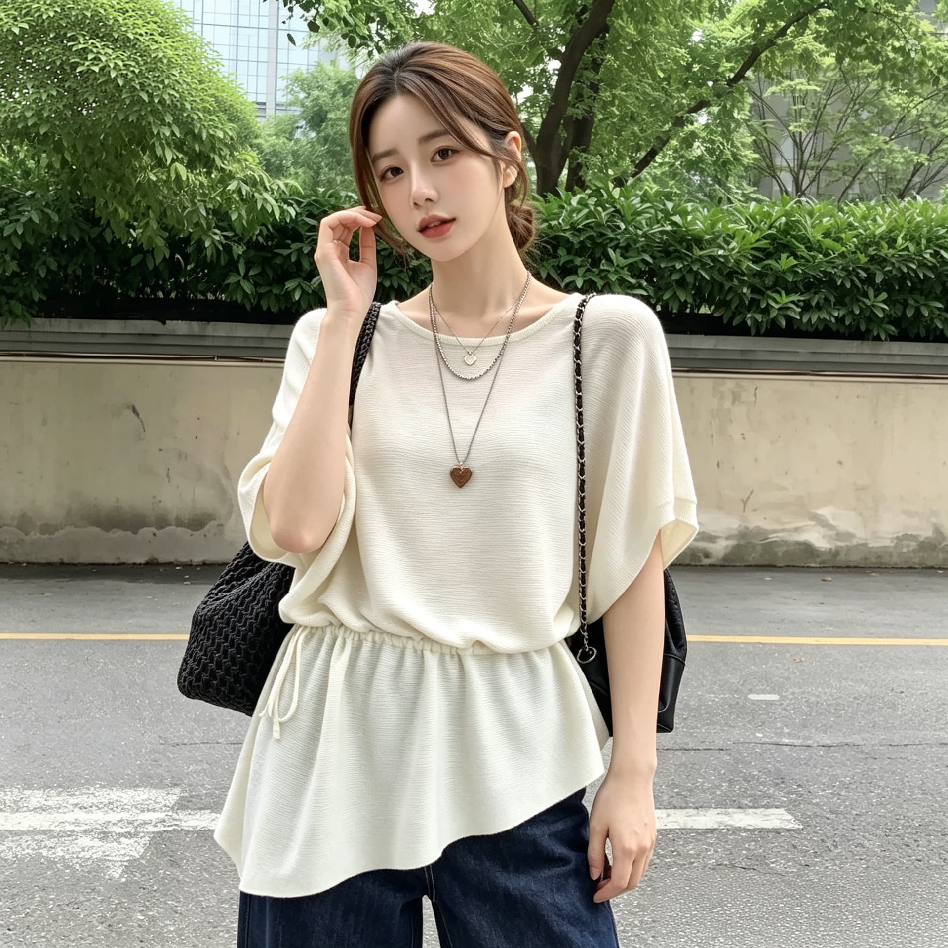 실사 빅 사이즈 표지 배 느긋한 바람 배트윙 소매 얼음 실크 니트 스웨터 여성 여름 지방 mm 루즈핏 슬림해 보이는 맨위 상세 이미지 7