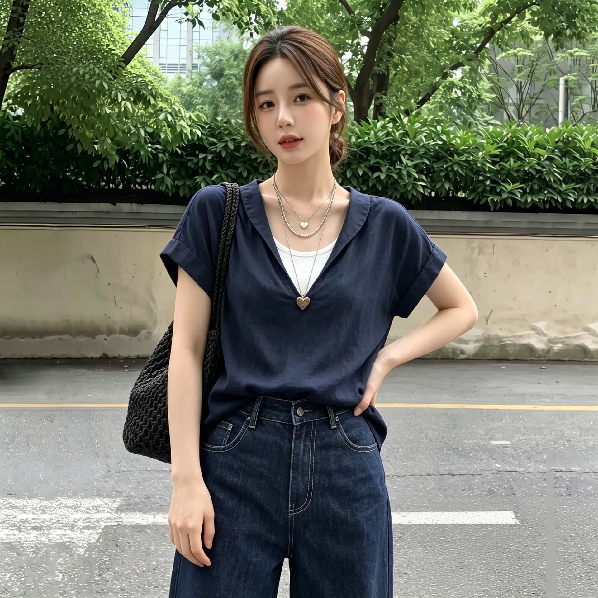 실사 빅 사이즈 해군 페이크 레이어드 V넥 반팔 여성 셔츠 여름 디자인 센스 슬림해 보이는 루즈핏 오래된 돈 바람 이미지 4