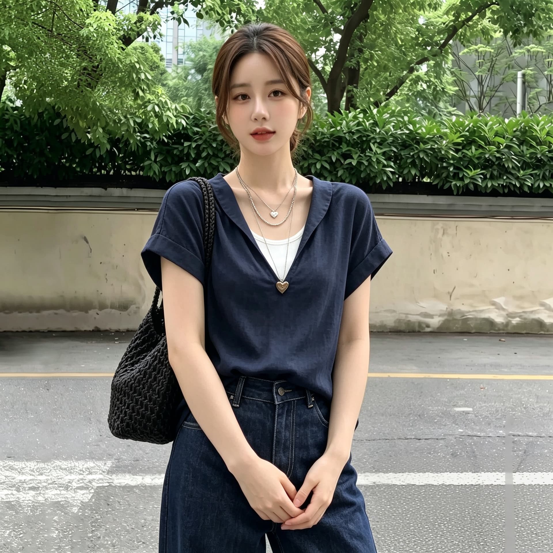 실사 빅 사이즈 해군 페이크 레이어드 V넥 반팔 여성 셔츠 여름 디자인 센스 슬림해 보이는 루즈핏 오래된 돈 바람 상세 이미지 5