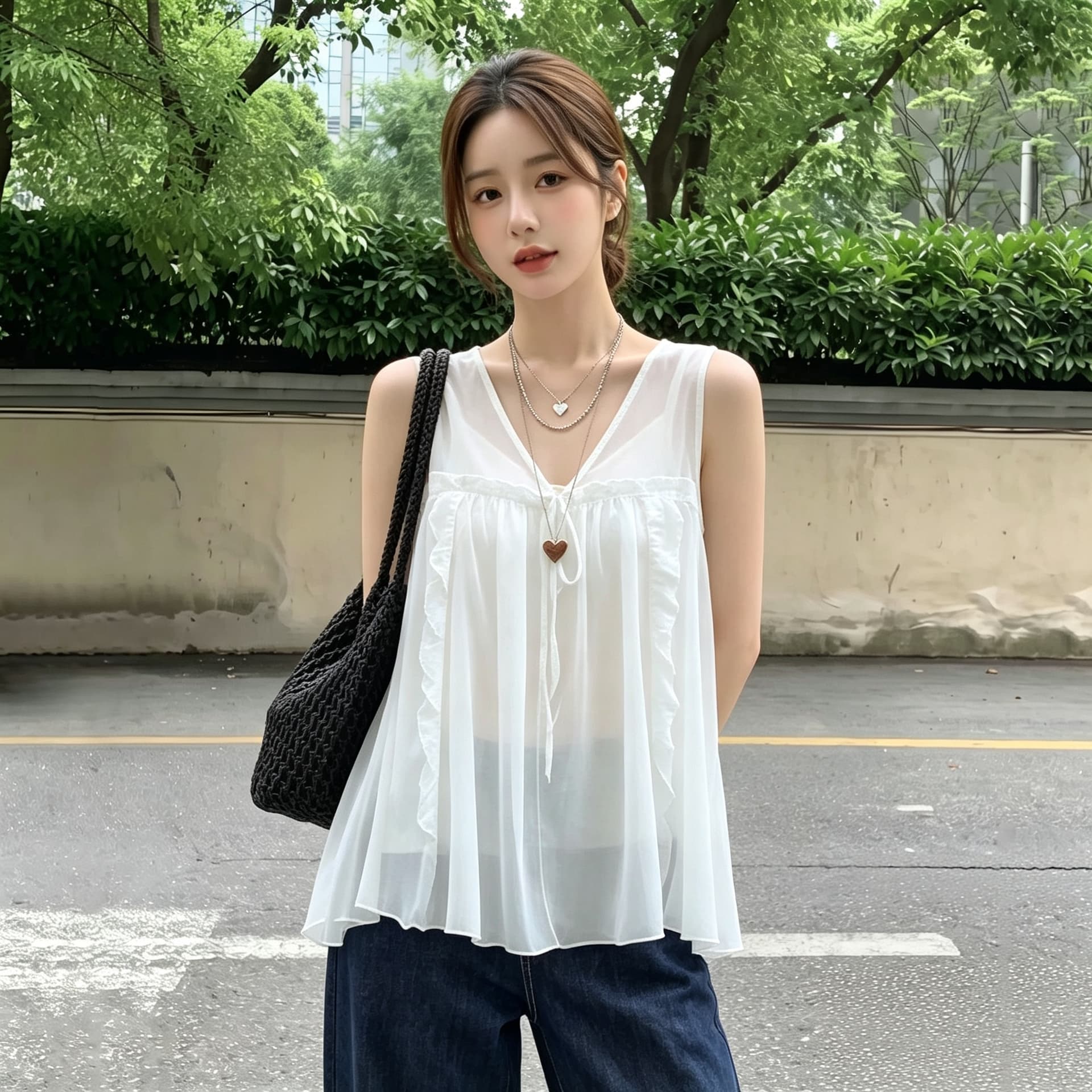 실사 빅 사이즈 부드러운 V넥 레이스 얇고 가벼운 투피스 세트 슬립 민소매 셔츠 조끼 루즈핏 편안함 다용도 상세 이미지 7
