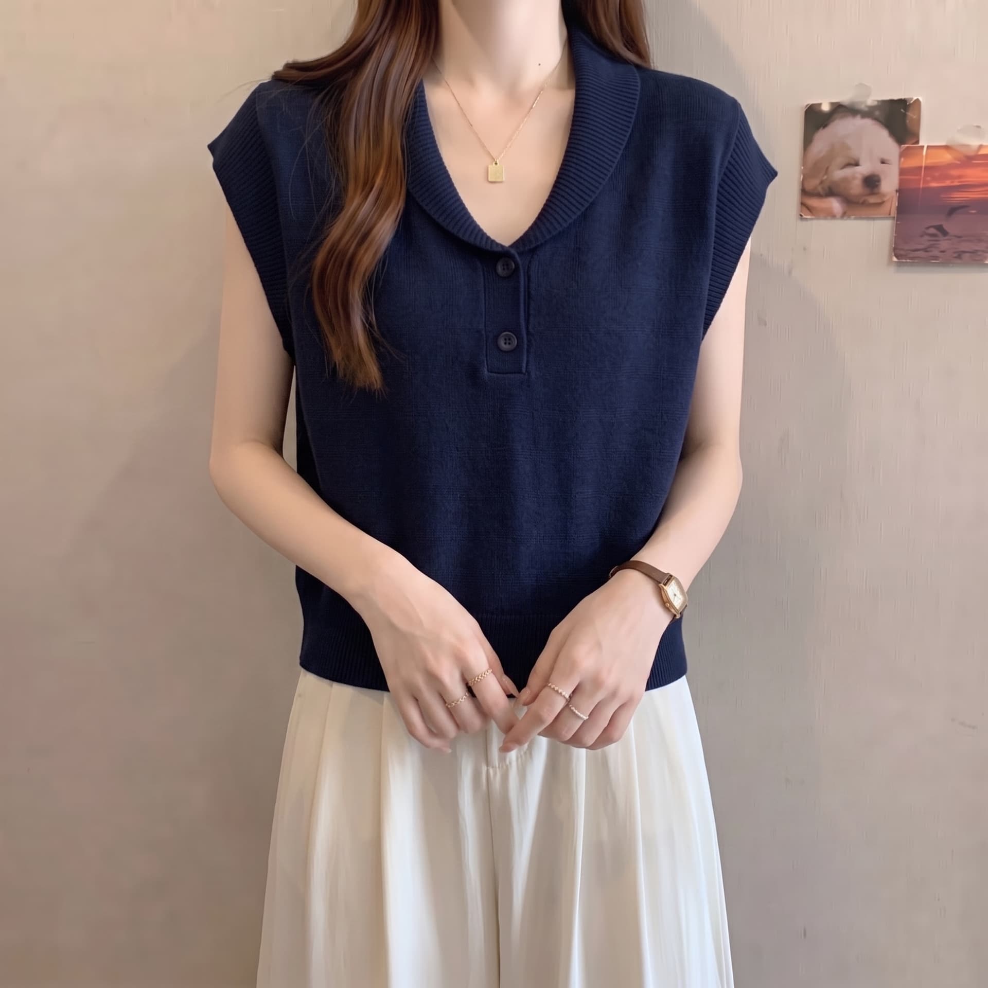 실사 빅 사이즈 가을 새로운 한 부서 레트로 폴로 칼라 니트 스웨터 여성 다용도 외국 가스 작은 날다 소매 맨위 이미지 2