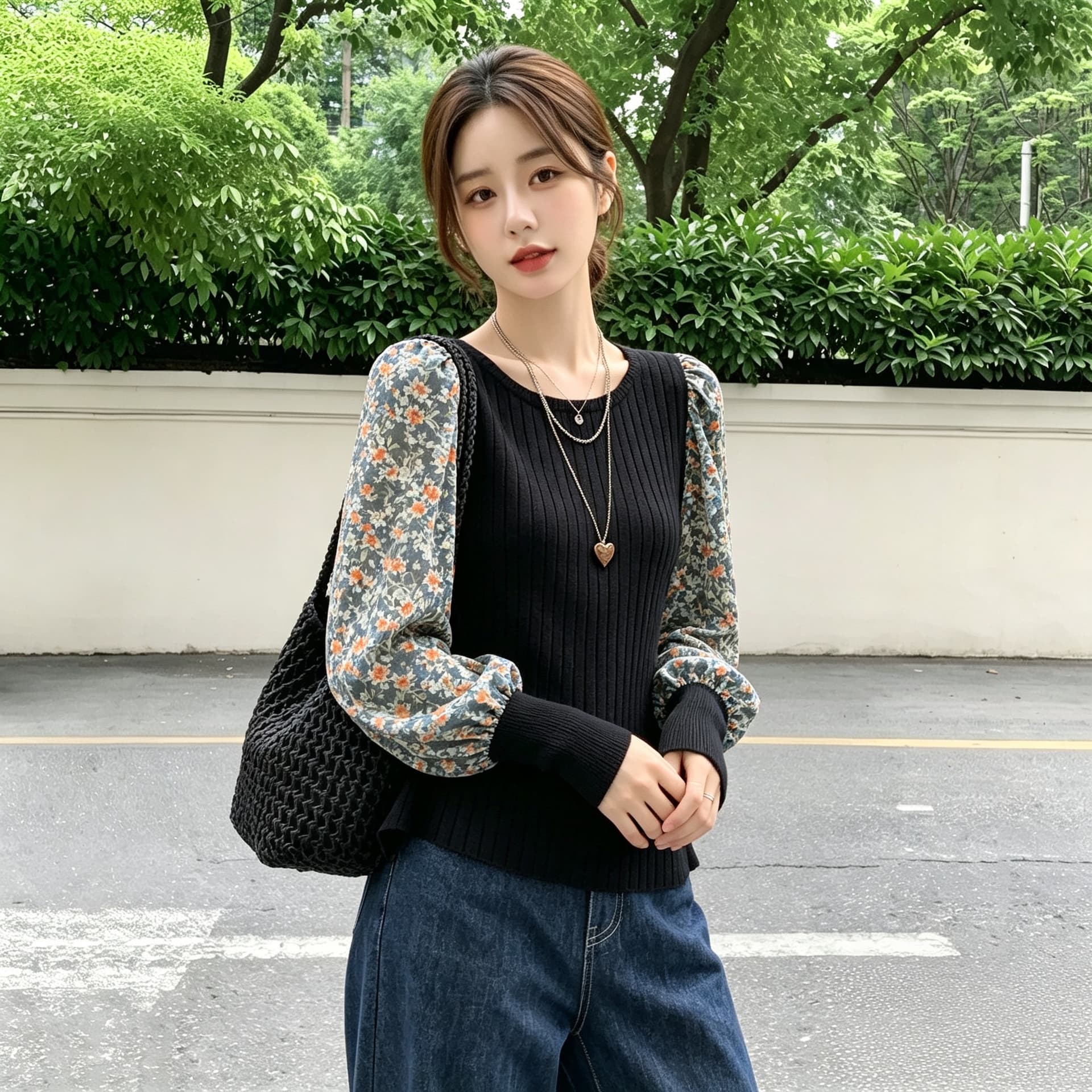 실사 빅 사이즈 여성 셔츠 한 부서 꽃무늬 패치워크 긴팔 거품 소매 니트 스웨터 가짜 2 피스 슈트 맨위 이미지 4