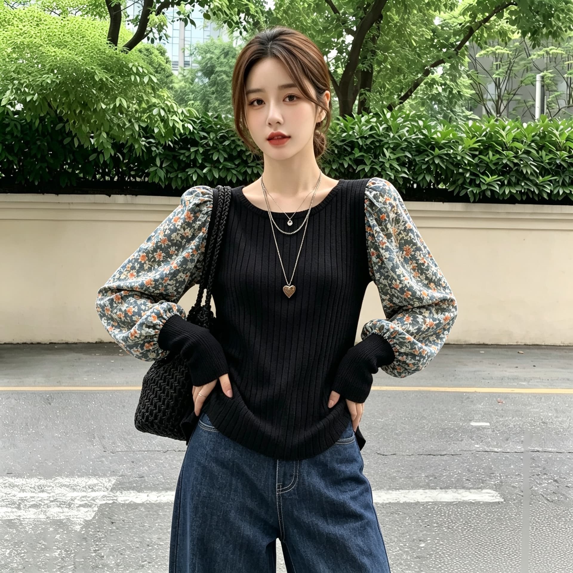 실사 빅 사이즈 여성 셔츠 한 부서 꽃무늬 패치워크 긴팔 거품 소매 니트 스웨터 가짜 2 피스 슈트 맨위 상세 이미지 3