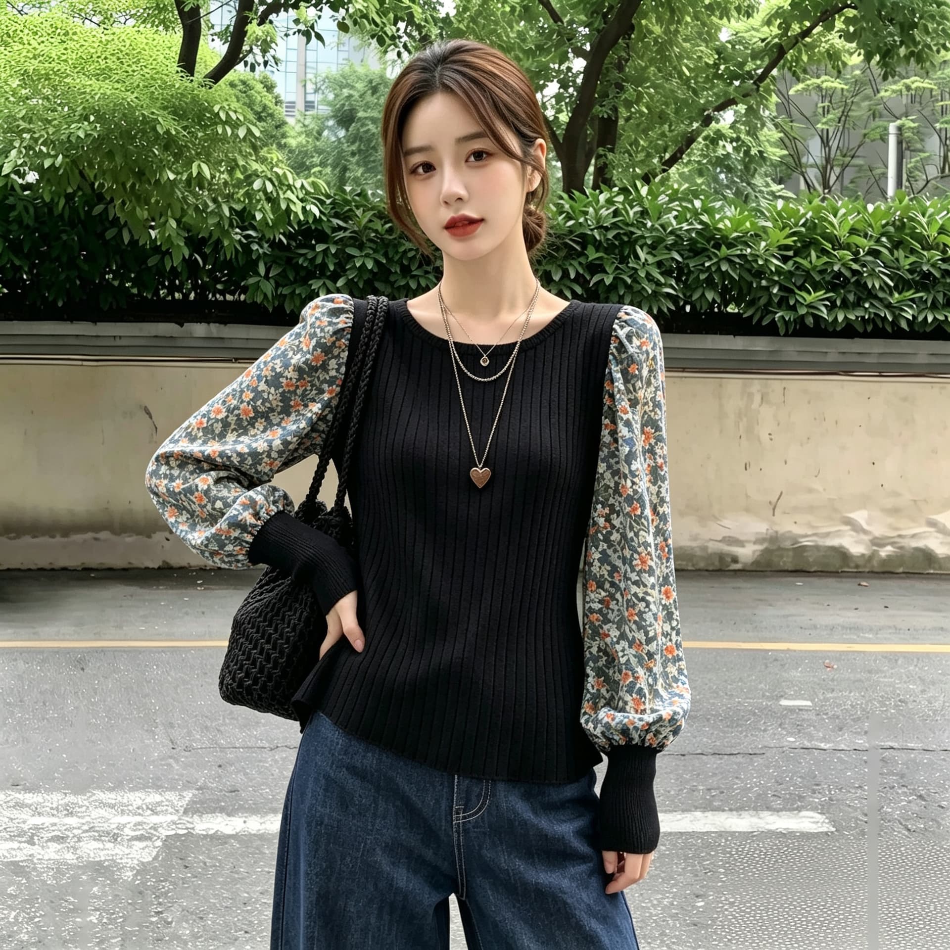 실사 빅 사이즈 여성 셔츠 한 부서 꽃무늬 패치워크 긴팔 거품 소매 니트 스웨터 가짜 2 피스 슈트 맨위 상세 이미지 6