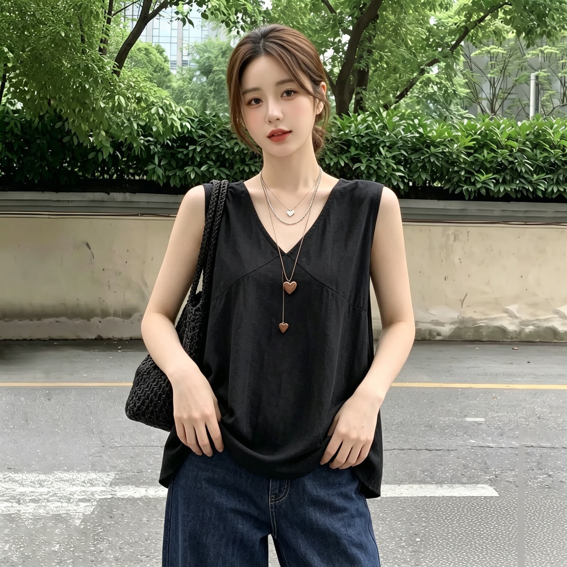 실사 빅 사이즈 여름 조끼 여성 한 부서 V넥 하이웨이스트 슬림해 보이는 민소매 외출용 인사이드 가져 가라. 검정색 맨위 상세 이미지 4