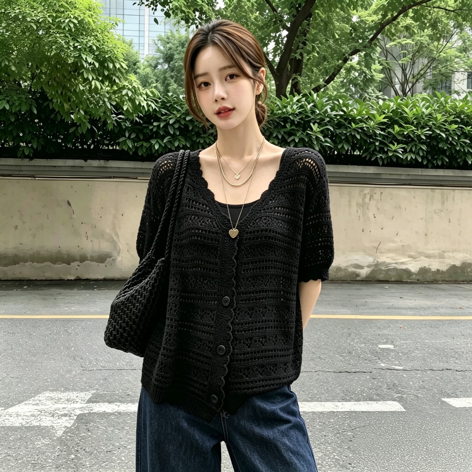 실사 빅 사이즈 여름 새로운 2026 년 한국 스타일 얼음 실크 홀로우 아웃 레트로 수공 자수 통기성 오픈 가디건 여성