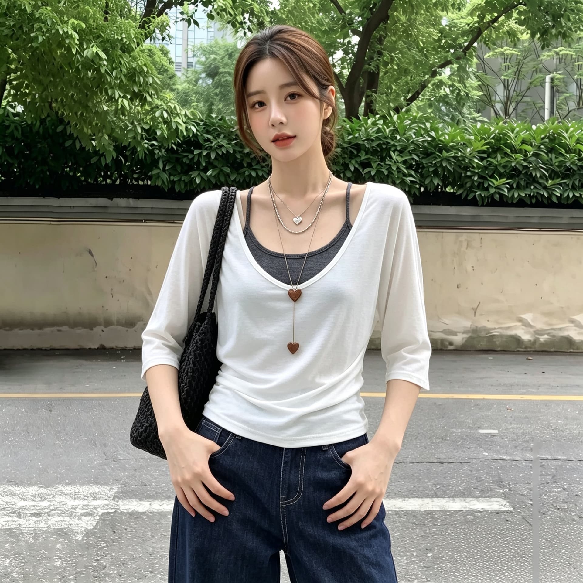 실사 빅 사이즈 한 부서 두 조각 스택 착용 V넥 중 티셔츠 여성 여름 핫걸 행침 목 캐미솔 허리 수축 블라우스 이미지 4