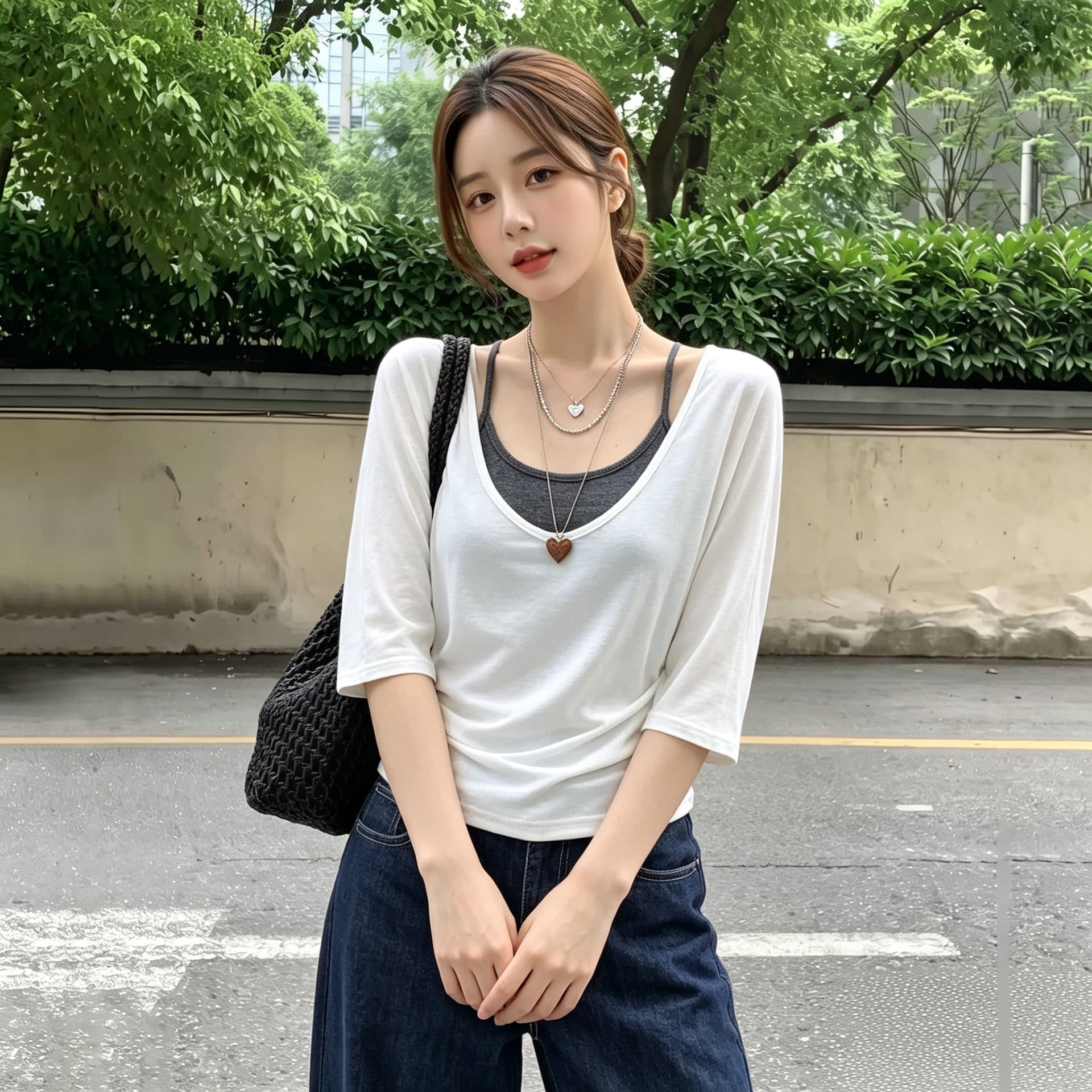 실사 빅 사이즈 한 부서 두 조각 스택 착용 V넥 중 티셔츠 여성 여름 핫걸 행침 목 캐미솔 허리 수축 블라우스 이미지 3