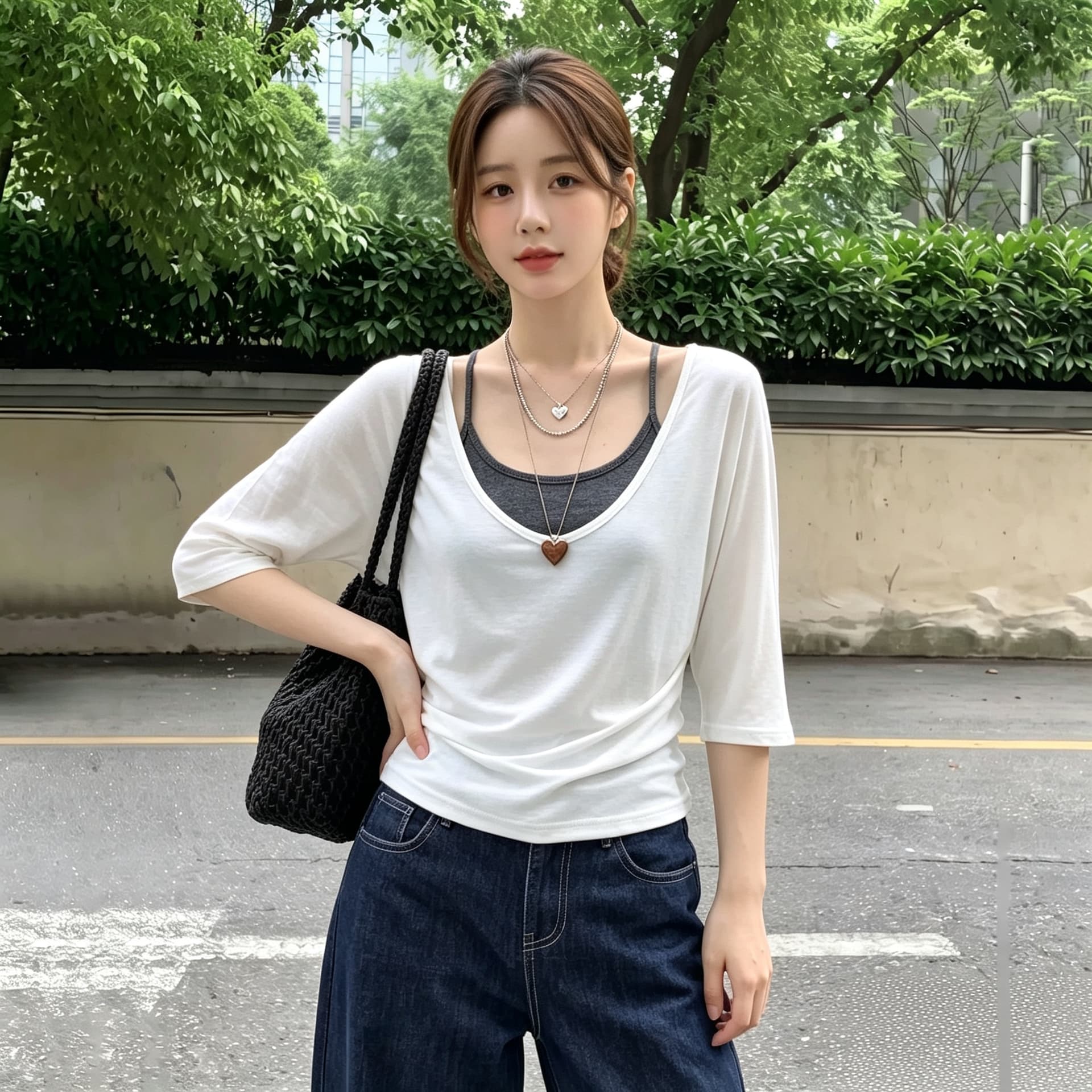 실사 빅 사이즈 한 부서 두 조각 스택 착용 V넥 중 티셔츠 여성 여름 핫걸 행침 목 캐미솔 허리 수축 블라우스 이미지 5