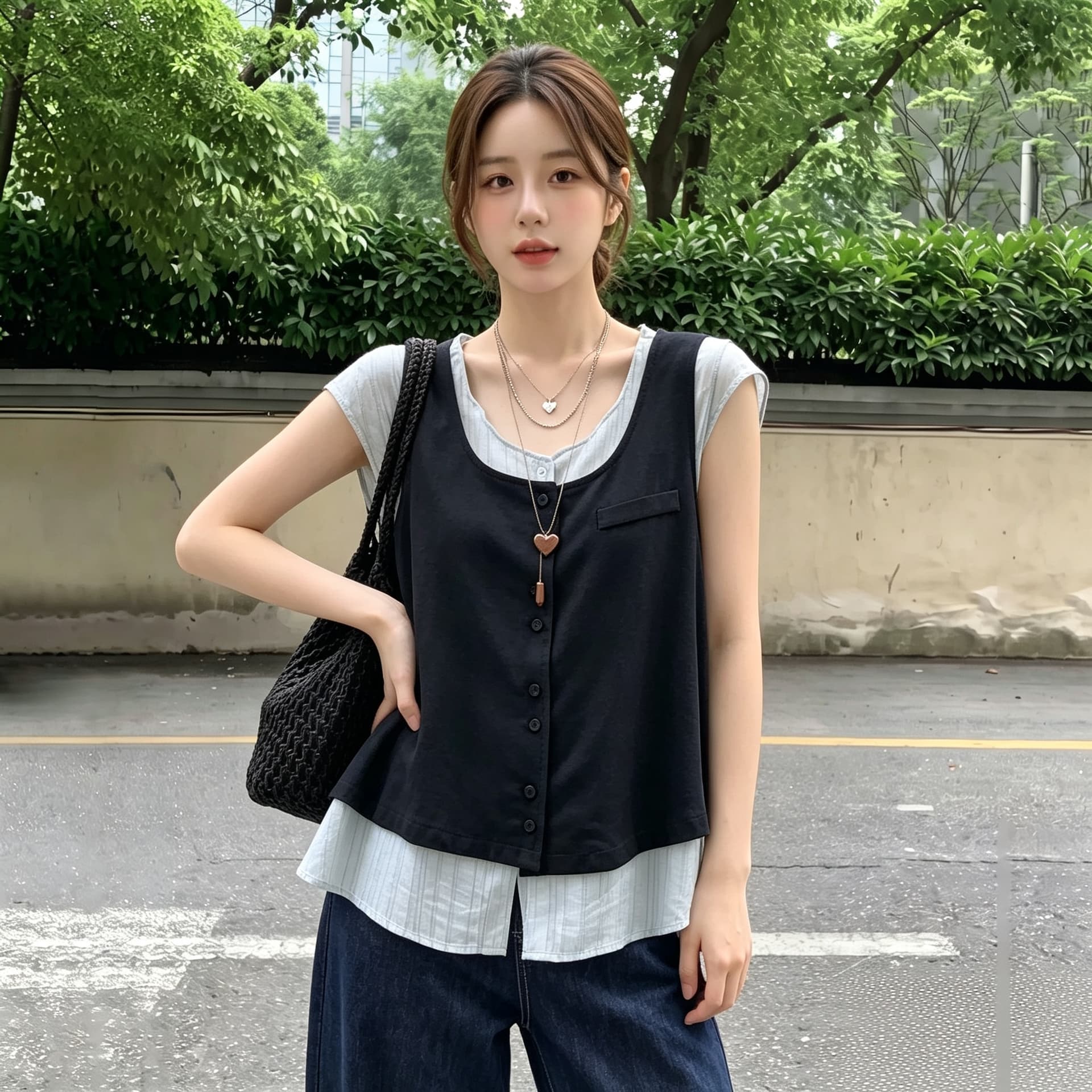 실사 빅 사이즈 한 부서 두 조각 여성 세트 여름 패션 u 칼라 정장 베스트 얇은 조끼 스택 착용 루즈핏 슬림해 보이는 이미지 2
