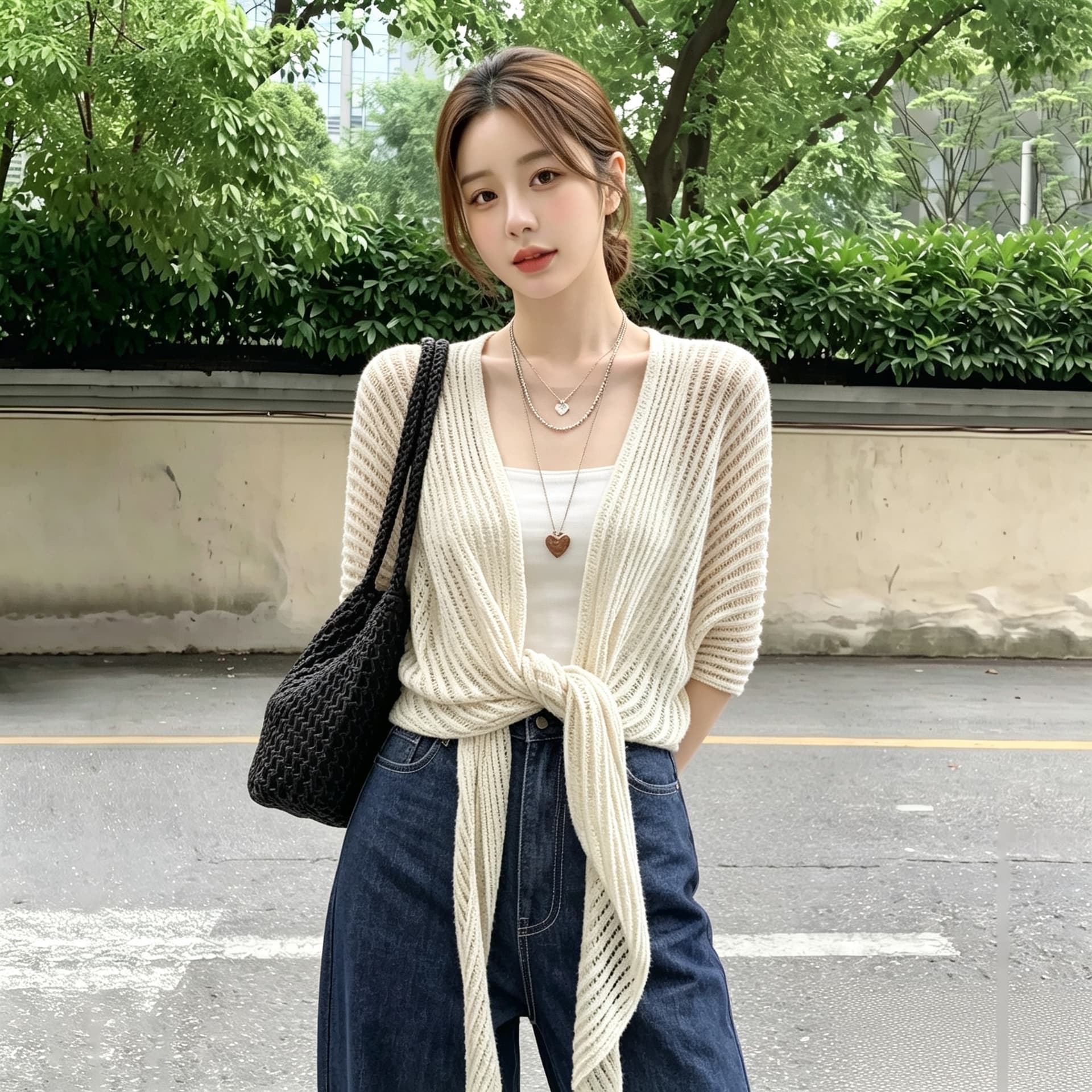 실사 빅 사이즈 가을 한 부서 느긋한 바람 질감 센스 니트 스웨터 오픈 가디건 여성 재킷 다용도 통기성 에어컨 셔츠 상세 이미지 4