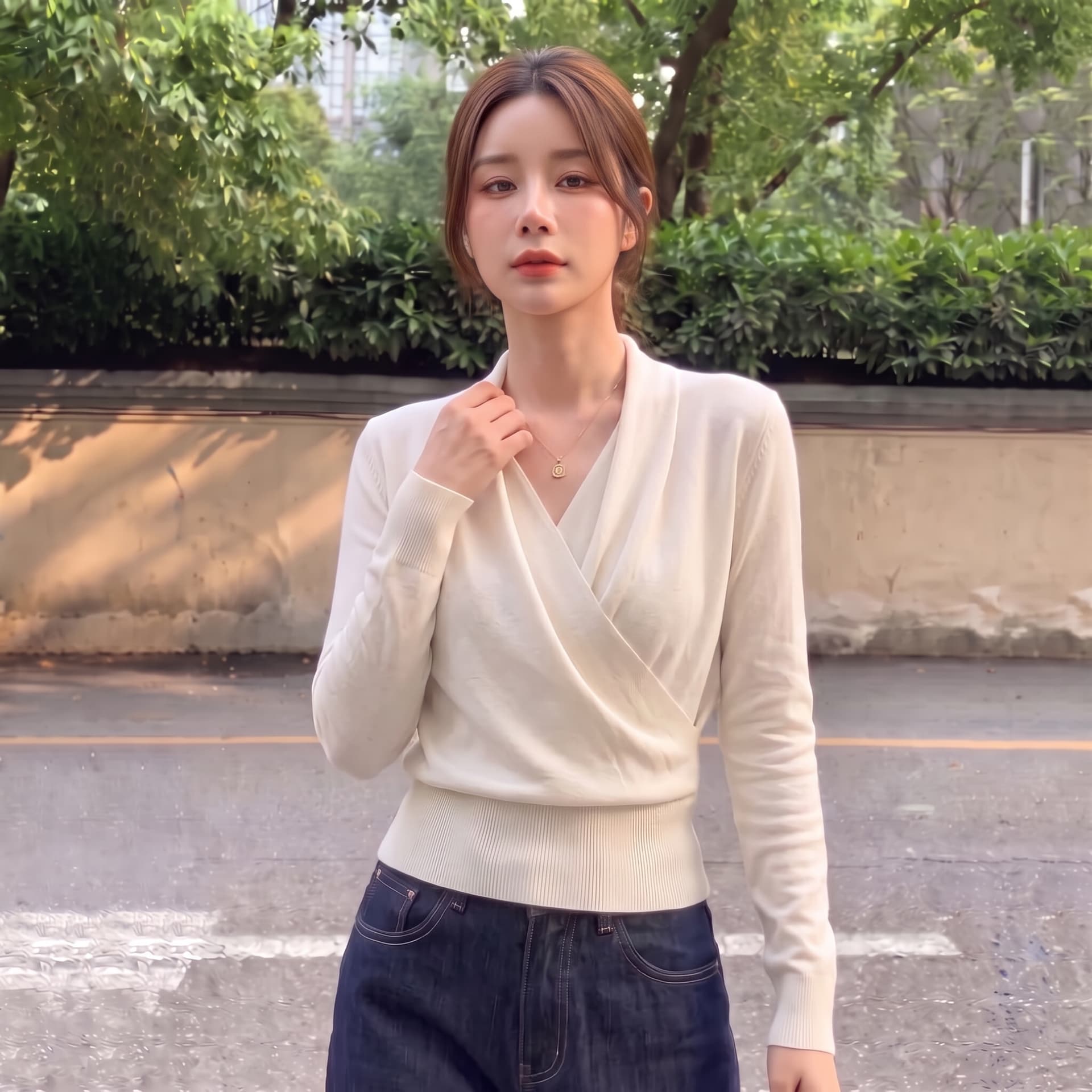 실사 가을 얇은 스타일 빅 사이즈 프랑스식 레트로 V넥 니트 스웨터 여성 마이크로 지방 긍정적 인 어깨 외국 가스 기본 셔츠 스웨터 이미지 4