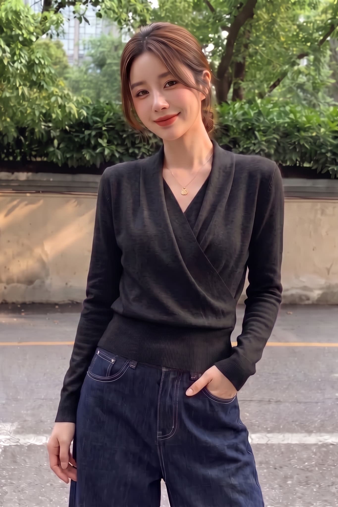 실사 가을 얇은 스타일 빅 사이즈 프랑스식 레트로 V넥 니트 스웨터 여성 마이크로 지방 긍정적 인 어깨 외국 가스 기본 셔츠 스웨터 이미지 6