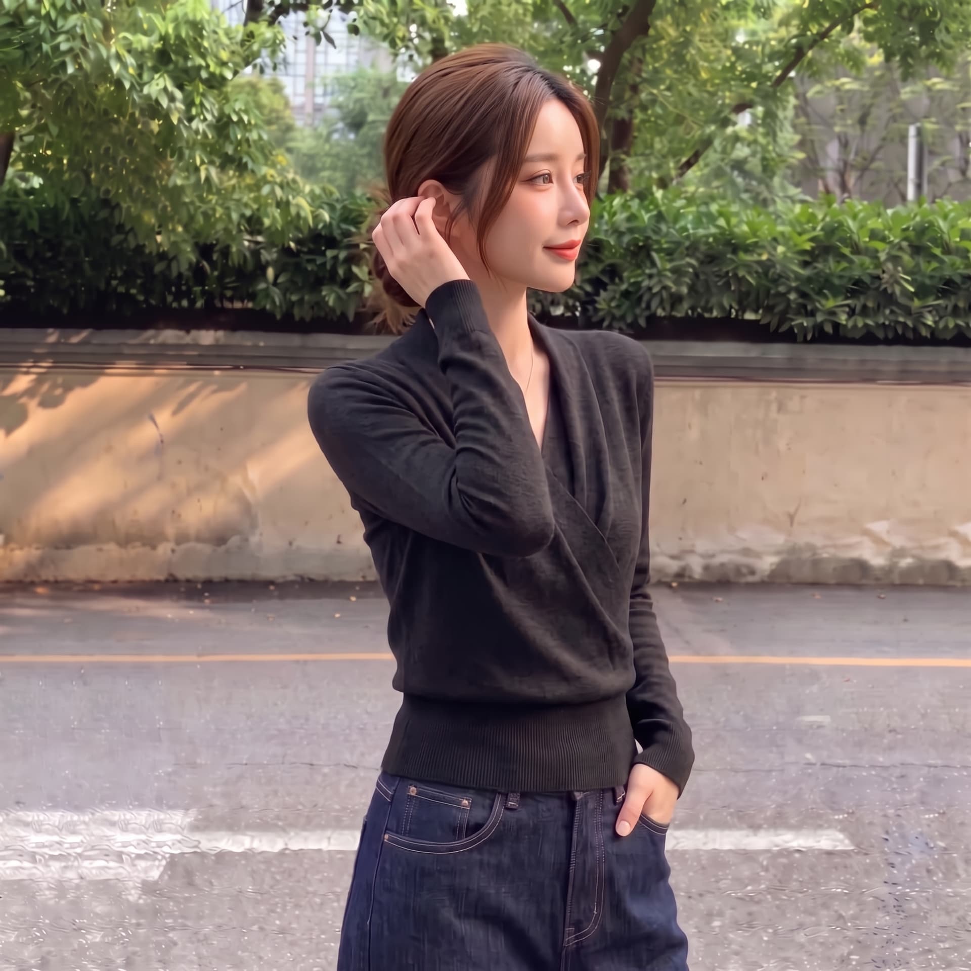 실사 가을 얇은 스타일 빅 사이즈 프랑스식 레트로 V넥 니트 스웨터 여성 마이크로 지방 긍정적 인 어깨 외국 가스 기본 셔츠 스웨터 상세 이미지 3