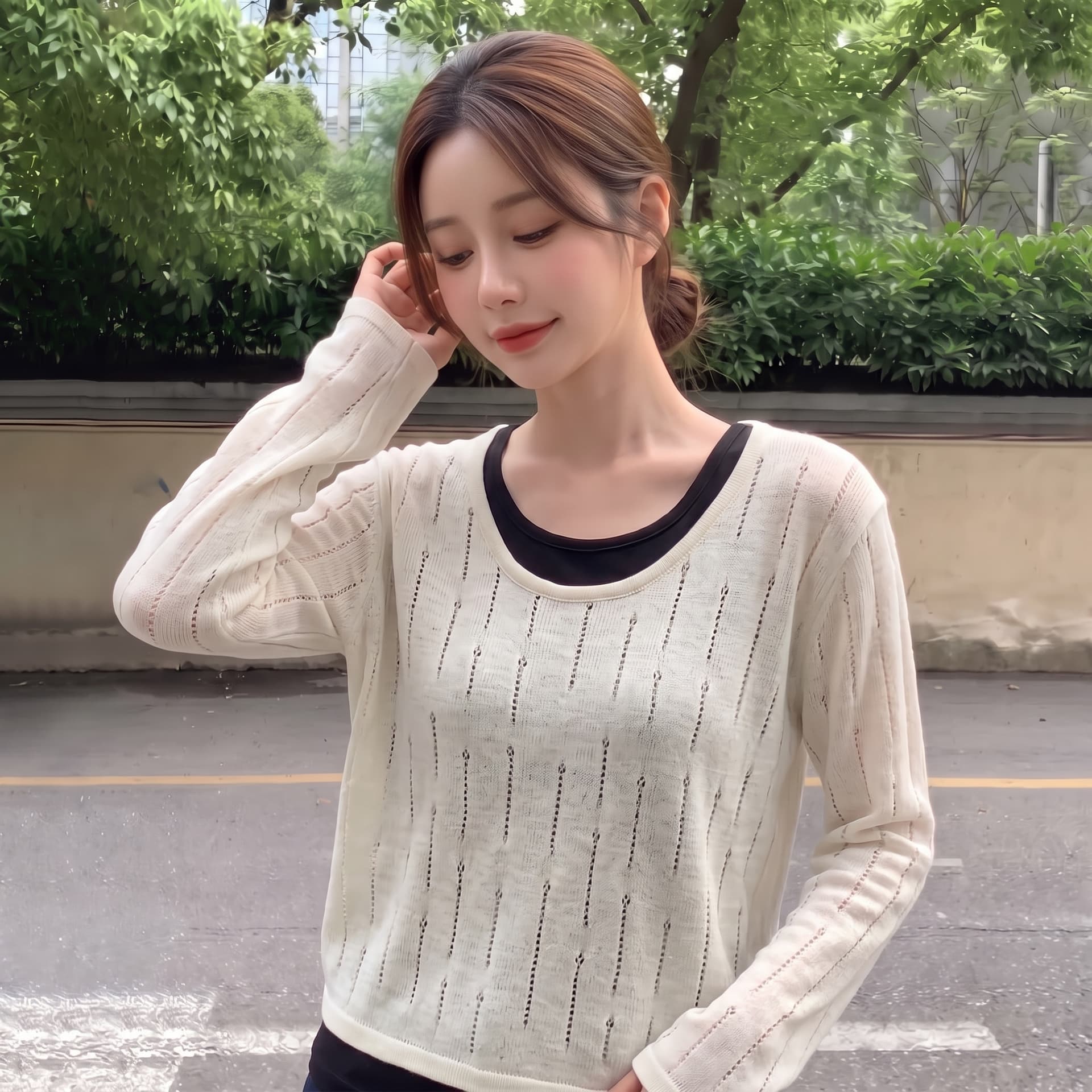 실사 빅 사이즈 이른 가을 얇은 스타일 양모 가짜 2 피스 슈트 니트 스웨터 여성 레트로 패치워크 색상 홀로우 아웃 마이크로 지방 슬림해 보이는 맨위 이미지 3