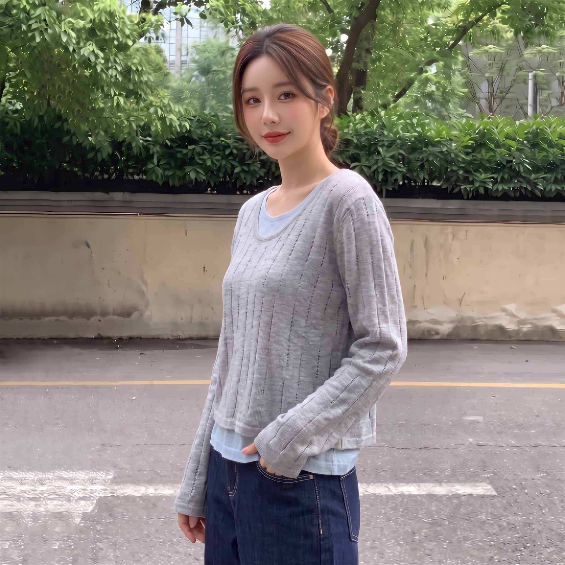 실사 빅 사이즈 이른 가을 얇은 스타일 양모 가짜 2 피스 슈트 니트 스웨터 여성 레트로 패치워크 색상 홀로우 아웃 마이크로 지방 슬림해 보이는 맨위 상세 이미지 6