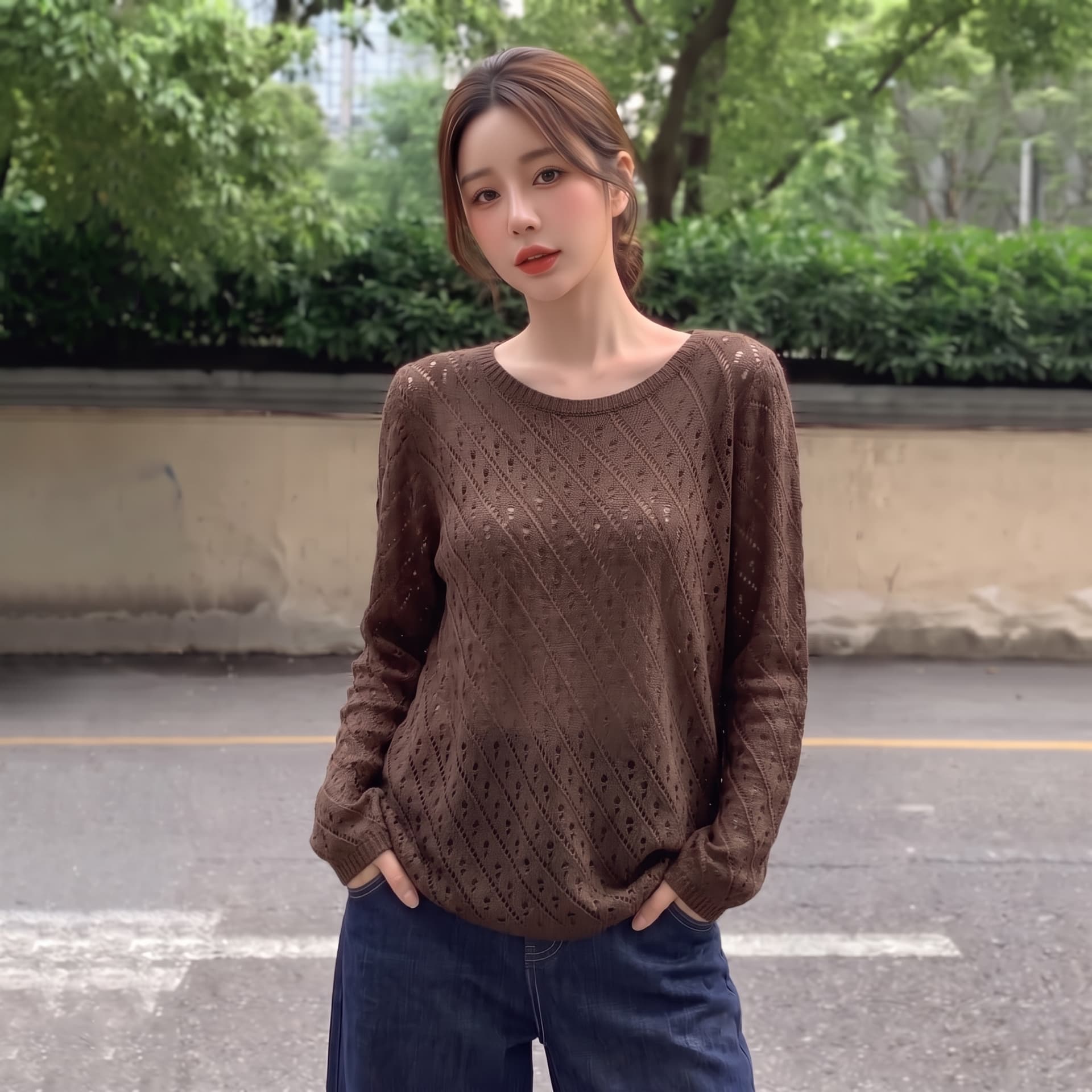 실사 빅 사이즈 이른 가을 새로운 레트로 홀로우 아웃 니트 여성 얇은 스타일 라운드 넥 풀오버 루즈핏 캐주얼 느긋한 바람 맨위 이미지 2