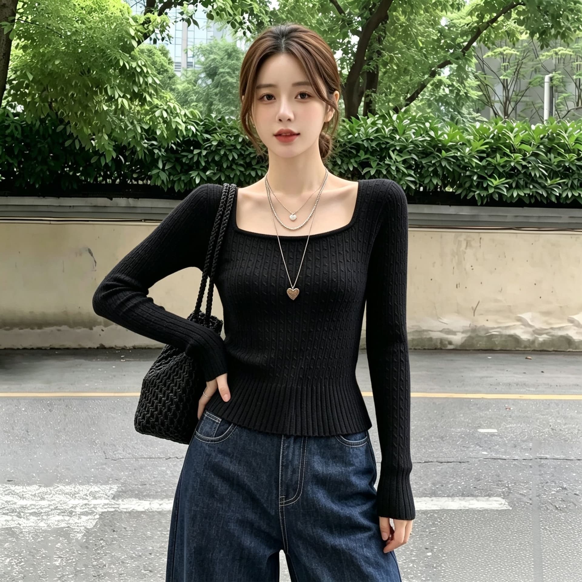 실사 빅 사이즈 광장 칼라 꽈배기 니트 스웨터 2026 년 새로운 한 부서 광장 칼라 풀오버 다용도 기본 셔츠 맨위 이미지 3