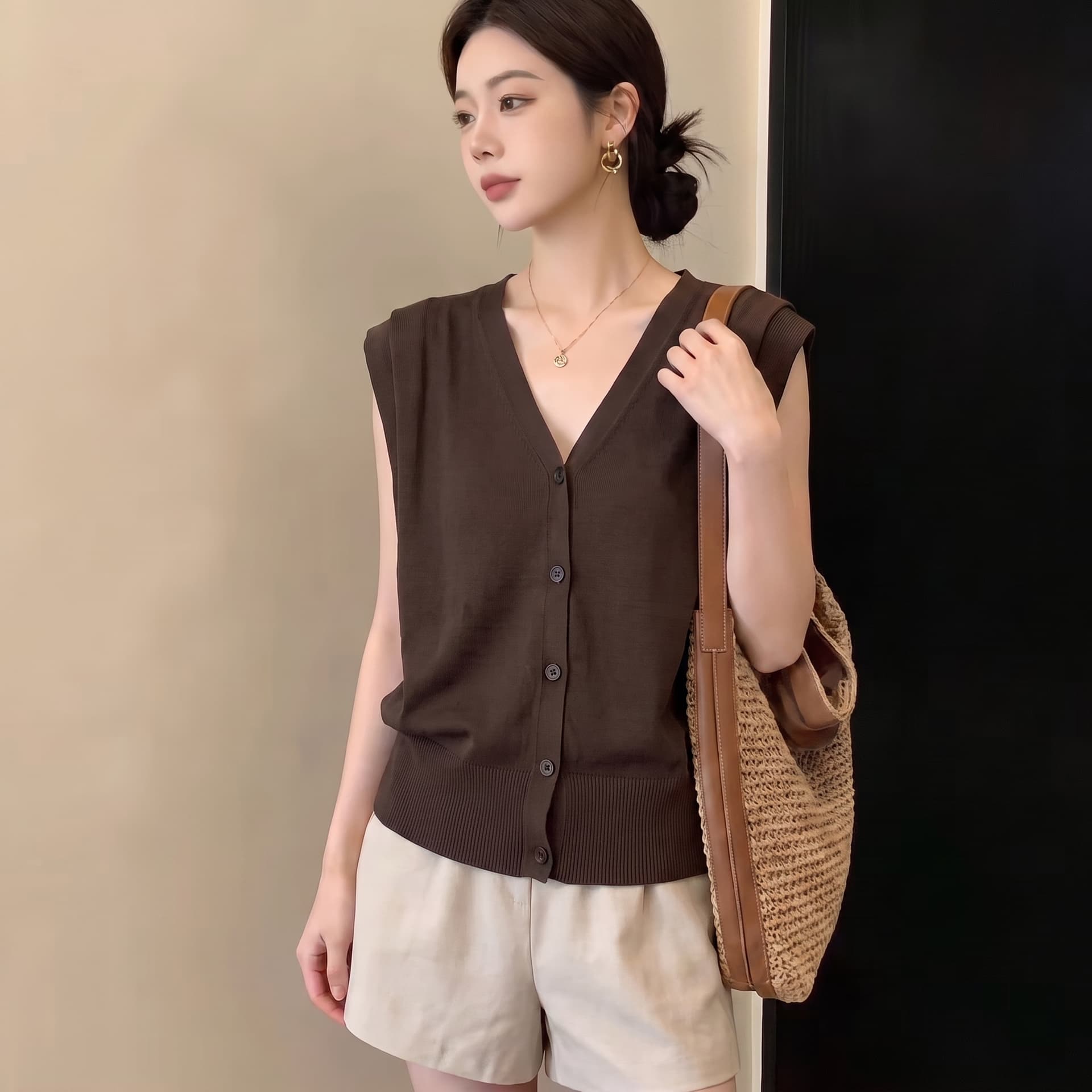 실사 빅 사이즈 이른 가을 새로운 한 부서 V넥 싱글 줄 버튼 니트 스웨터 오픈 가디건 여성 마이크로 지방 슬림해 보이는 민소매 조끼 이미지 5