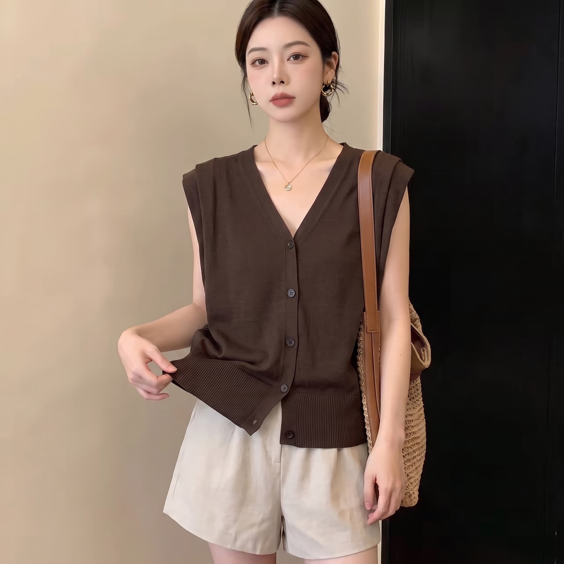 실사 빅 사이즈 이른 가을 새로운 한 부서 V넥 싱글 줄 버튼 니트 스웨터 오픈 가디건 여성 마이크로 지방 슬림해 보이는 민소매 조끼 이미지 3