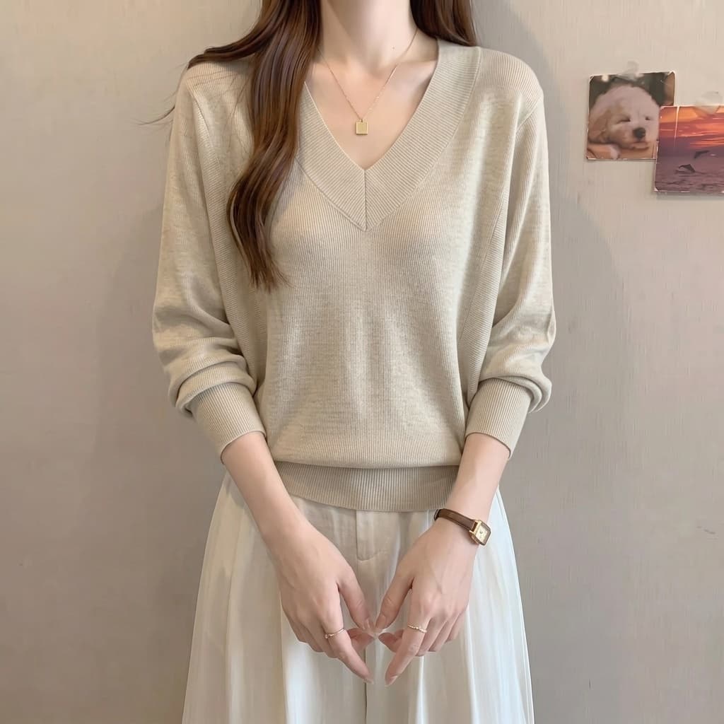 실사 한 부서 가을 겨울 새로운 느긋한 바람 V넥 니트 스웨터 스웨터 여자 마이크로 지방 루즈핏 슬림해 보이는 그레이트 봐. 의류 이미지 2