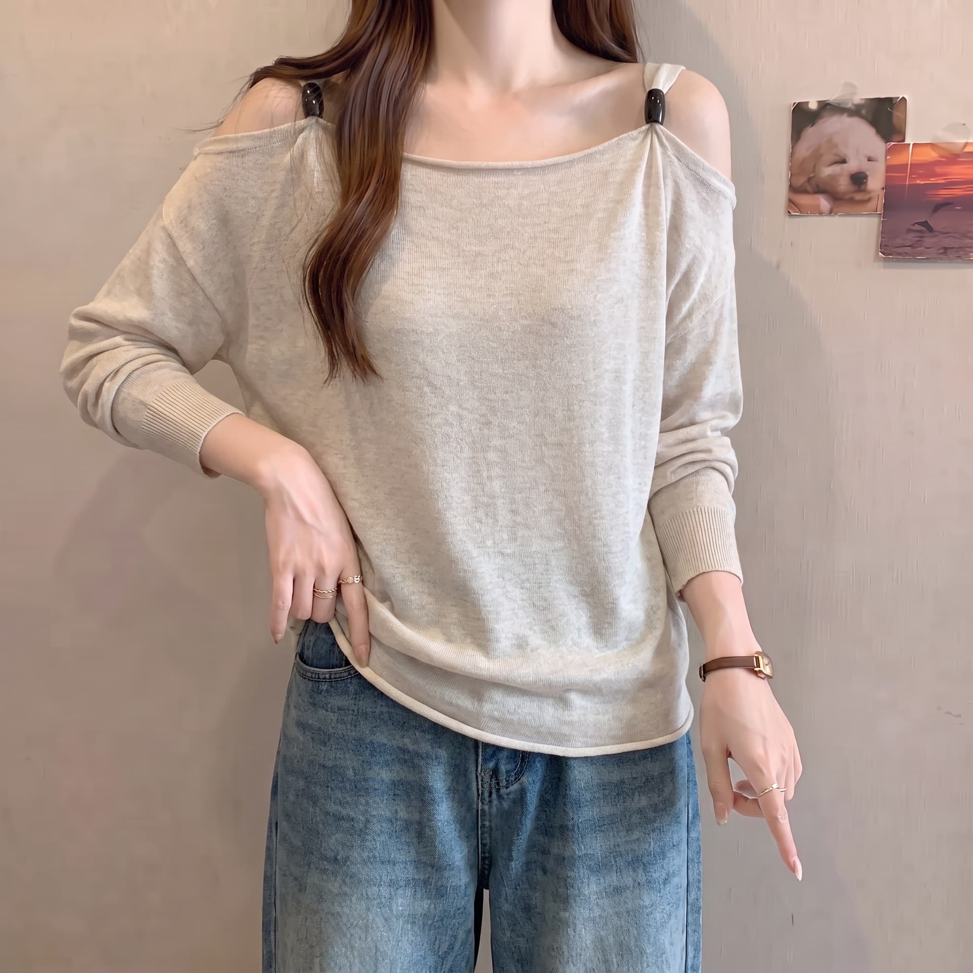 실사 빅 사이즈 이른 가을 얇은 스타일 프랑스식 품격 비즈 니트 스웨터 여성 오프숄더 루즈핏 느긋한 바람 맨위 이미지 4