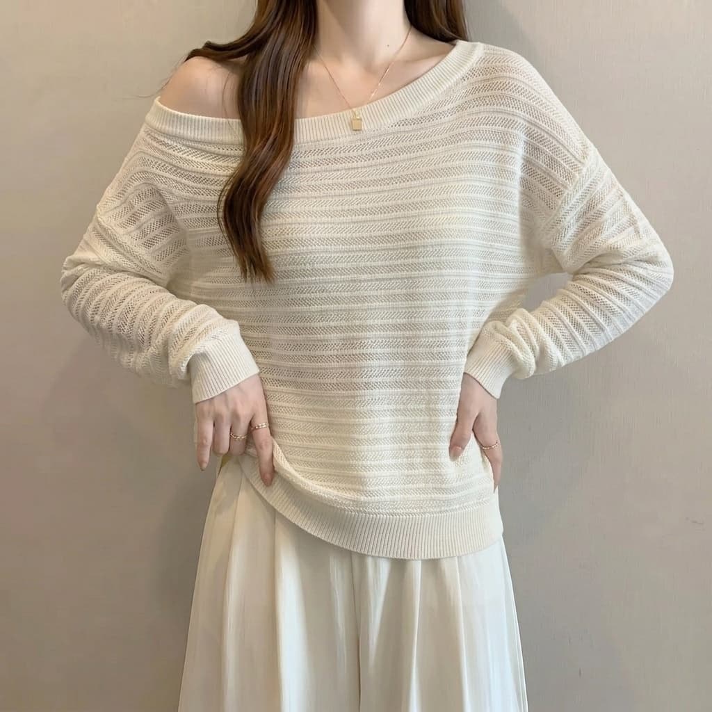 실사 빅 사이즈 가을 새로운 품격 비스듬한 어깨 니트 스웨터 여성 얇은 스타일 한 부서 레트로 루즈핏 슬림해 보이는 오프숄더 맨위 상세 이미지 2