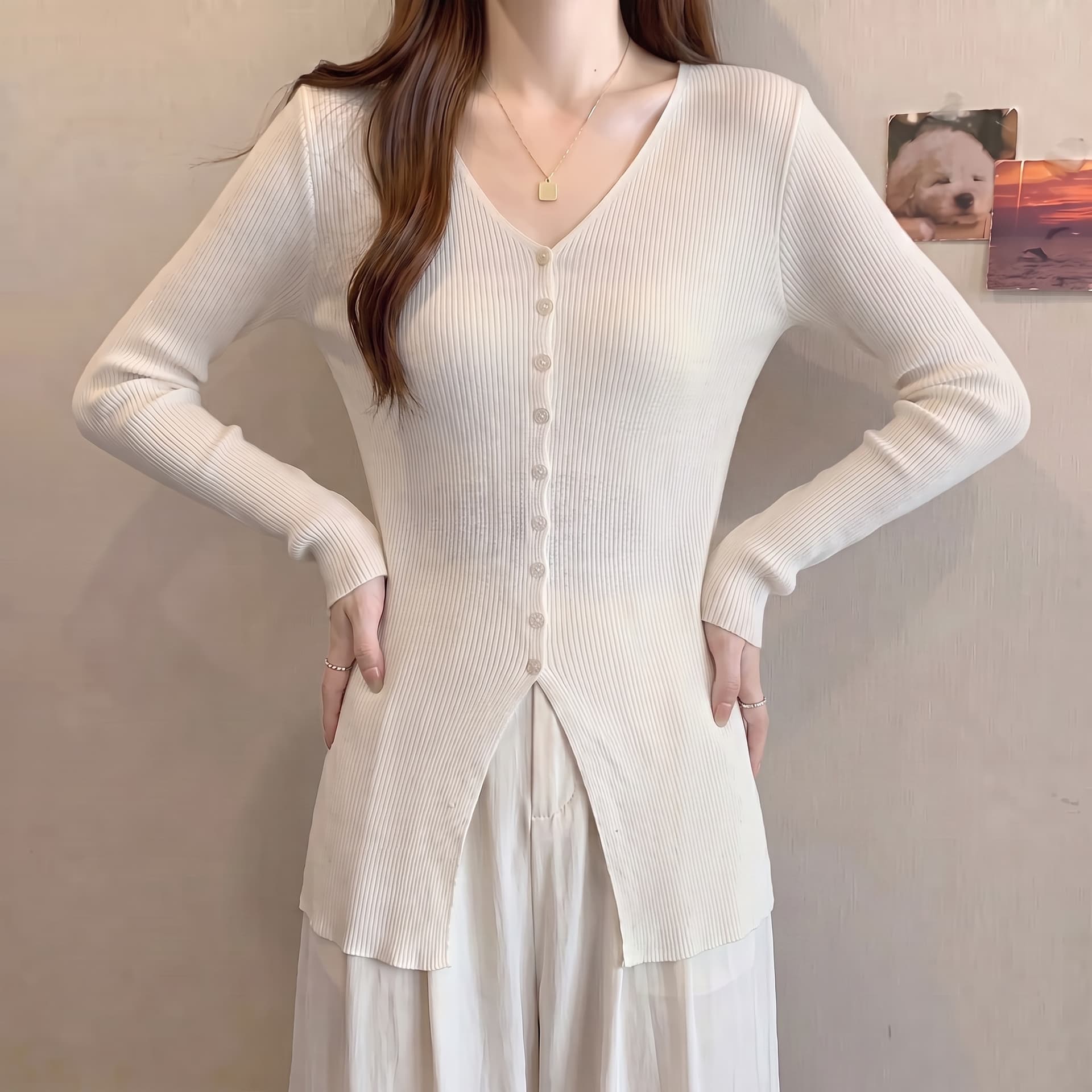 실사 빅 사이즈 한 부서 새로운 가을 얇은 스타일 V넥 긴팔 니트 오픈 가디건 여성 외국 가스 반팔 단추 맨위 상세 이미지 2