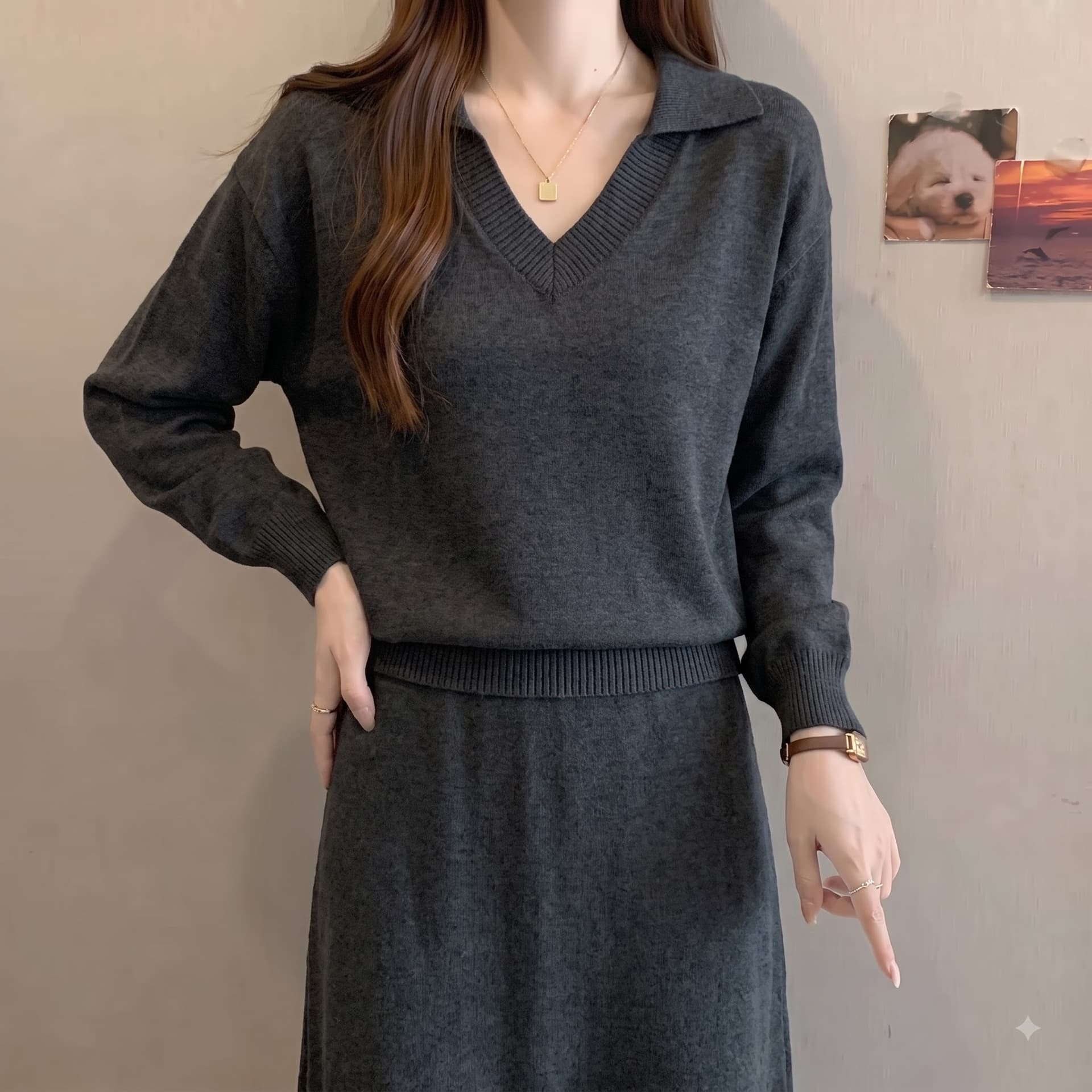 실사 빅 사이즈 한 부서 미니멀리즘 폴로 칼라 니트 여성 이른 가을 얇은 스타일 V넥 긴팔 인사이드 가져 가라. 예쁜 스웨터 이미지 2