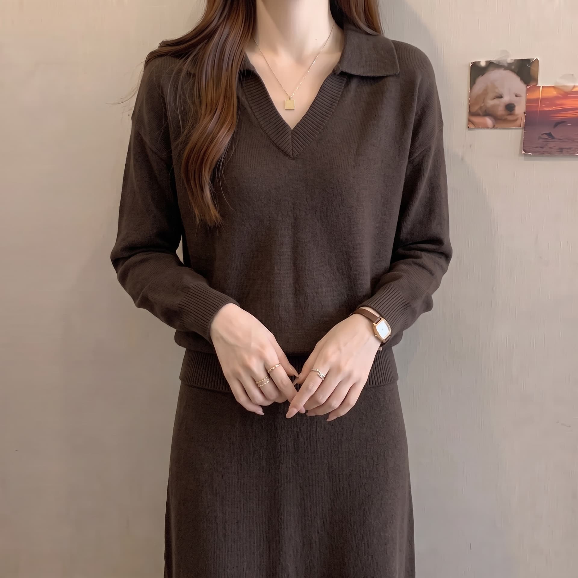 실사 빅 사이즈 한 부서 미니멀리즘 폴로 칼라 니트 여성 이른 가을 얇은 스타일 V넥 긴팔 인사이드 가져 가라. 예쁜 스웨터 상세 이미지 6