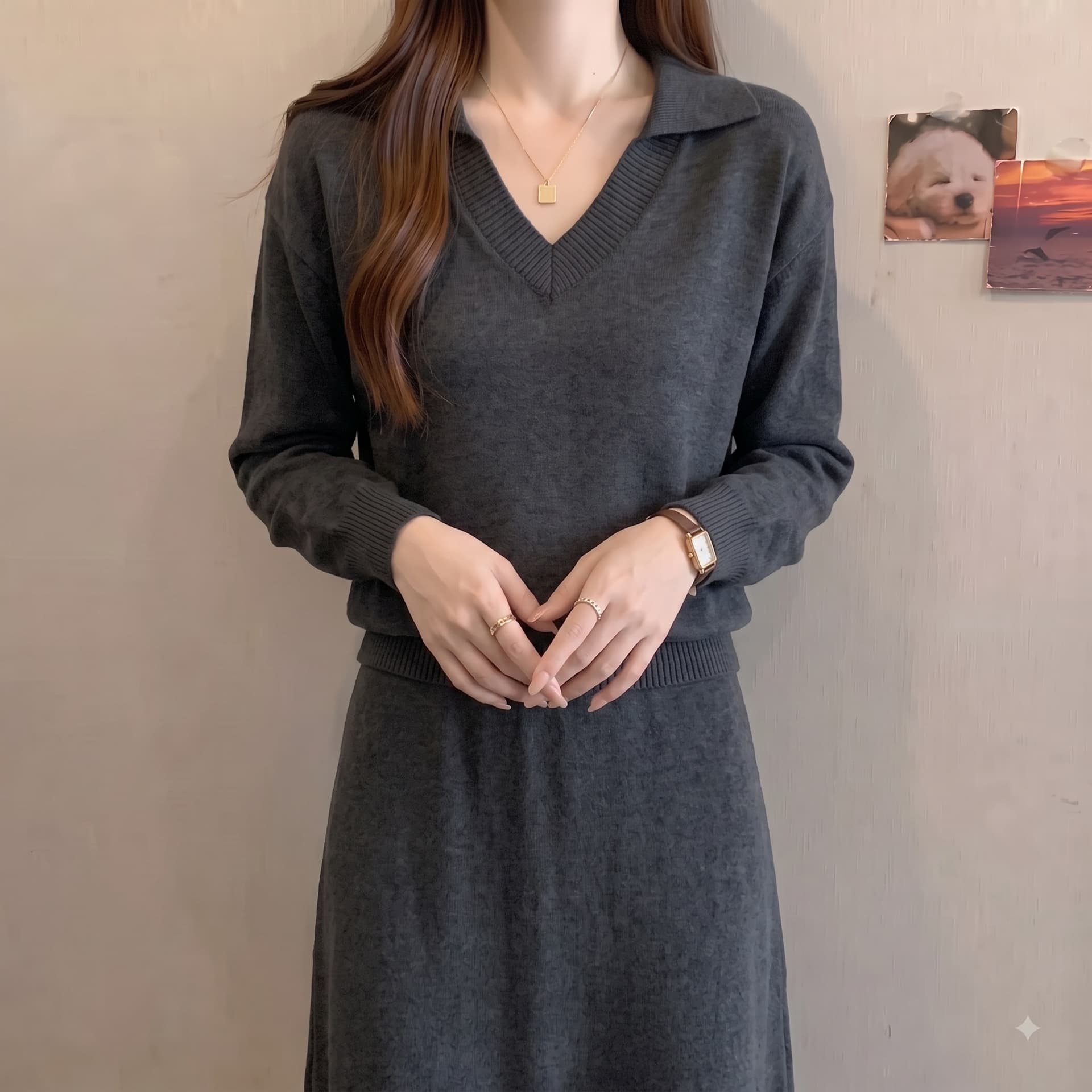 실사 빅 사이즈 한 부서 미니멀리즘 폴로 칼라 니트 여성 이른 가을 얇은 스타일 V넥 긴팔 인사이드 가져 가라. 예쁜 스웨터 상세 이미지 7