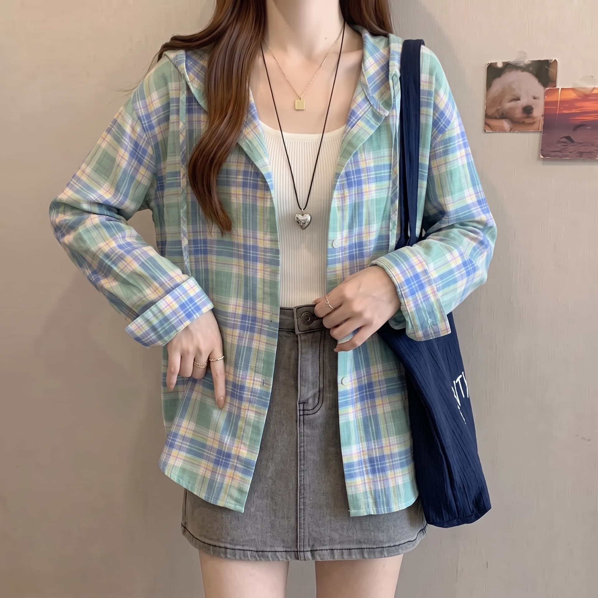 실사 이른 가을 얇은 스타일 한 부서 체크무늬 여성 코트 마이크로 지방 루즈핏 슬림해 보이는 후드 긴팔 녹색 그리드 셔츠 상세 이미지 6