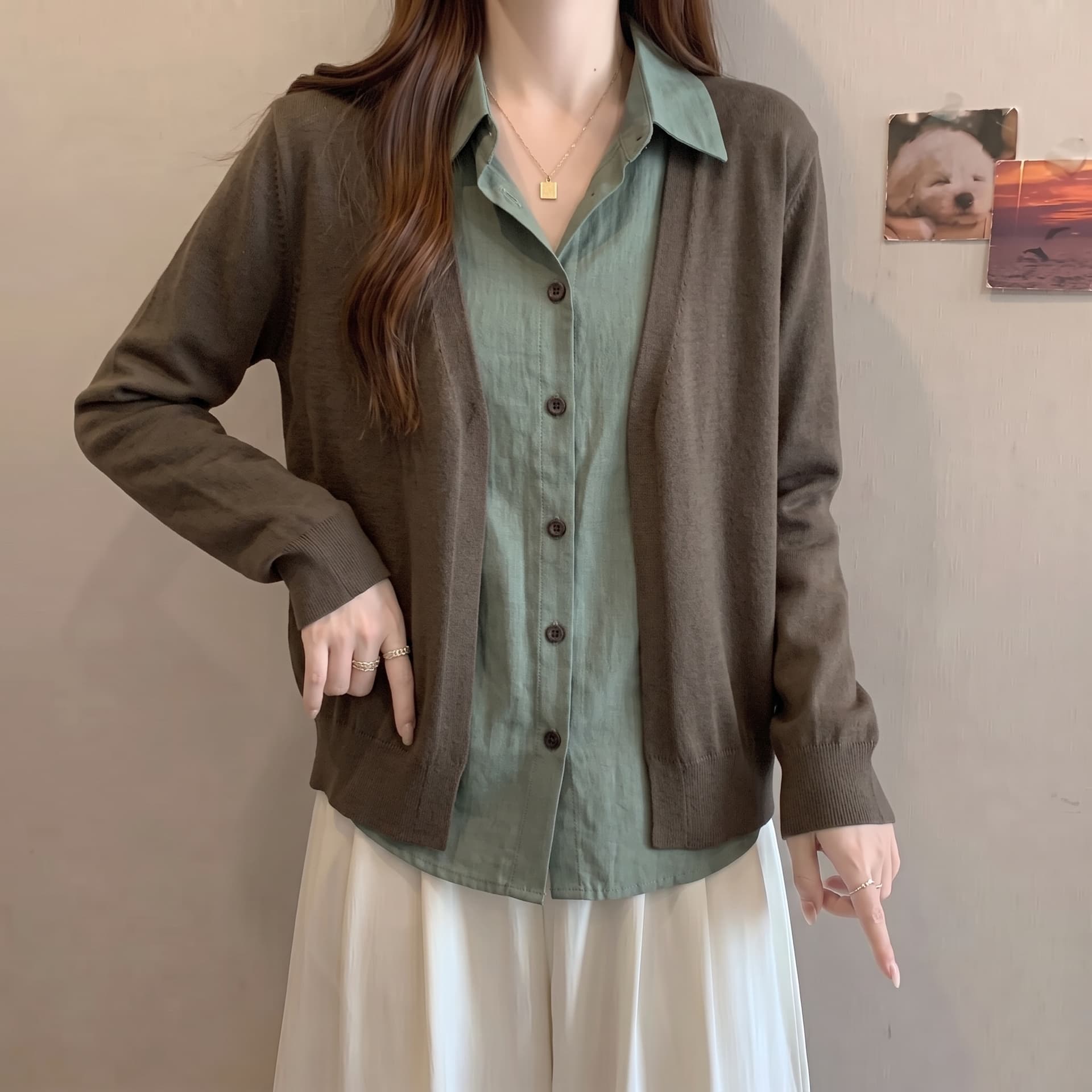 실사 빅 사이즈 이른 가을 새로운 가짜 2 피스 슈트 니트 스웨터 여성 한 부서 레트로 셔츠 패치워크 긴팔 스웨터 상세 이미지 11