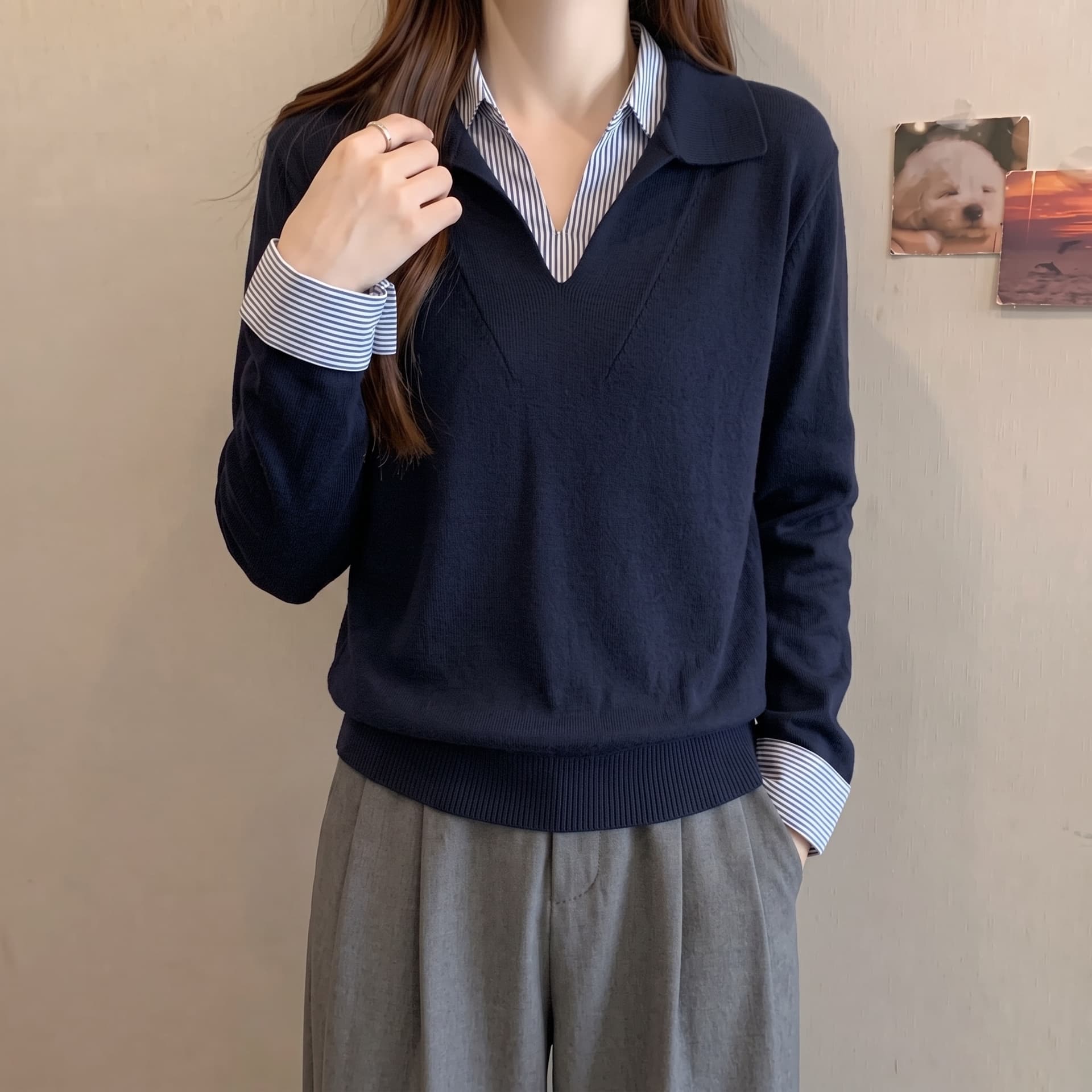 실사 가을 겨울 새로운 한 부서 레트로 스트라이프 패치워크 니트 스웨터 여자 POLO 칼라 가짜 2 피스 슈트 풀오버 맨위 상세 이미지 2