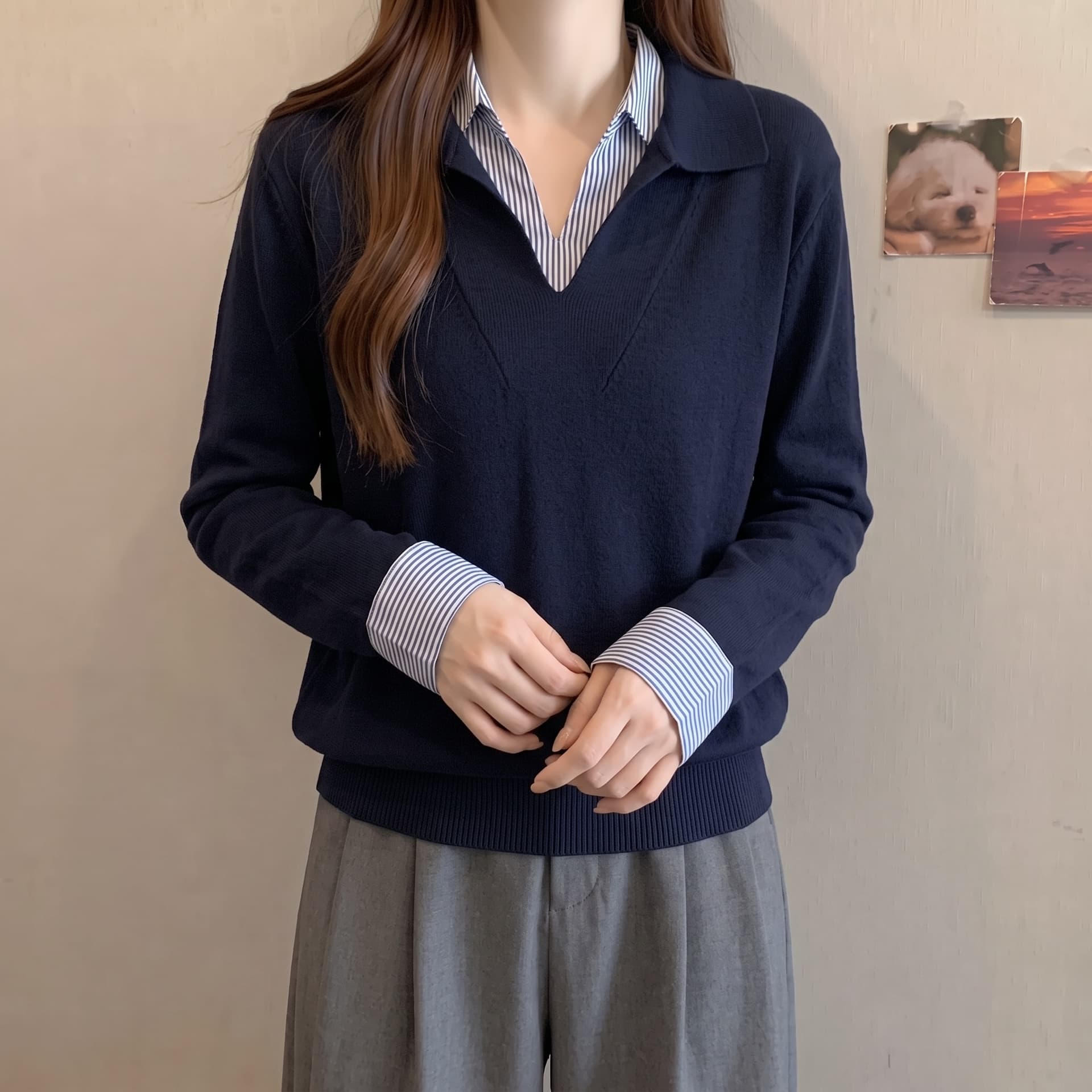 실사 가을 겨울 새로운 한 부서 레트로 스트라이프 패치워크 니트 스웨터 여자 POLO 칼라 가짜 2 피스 슈트 풀오버 맨위 상세 이미지 3