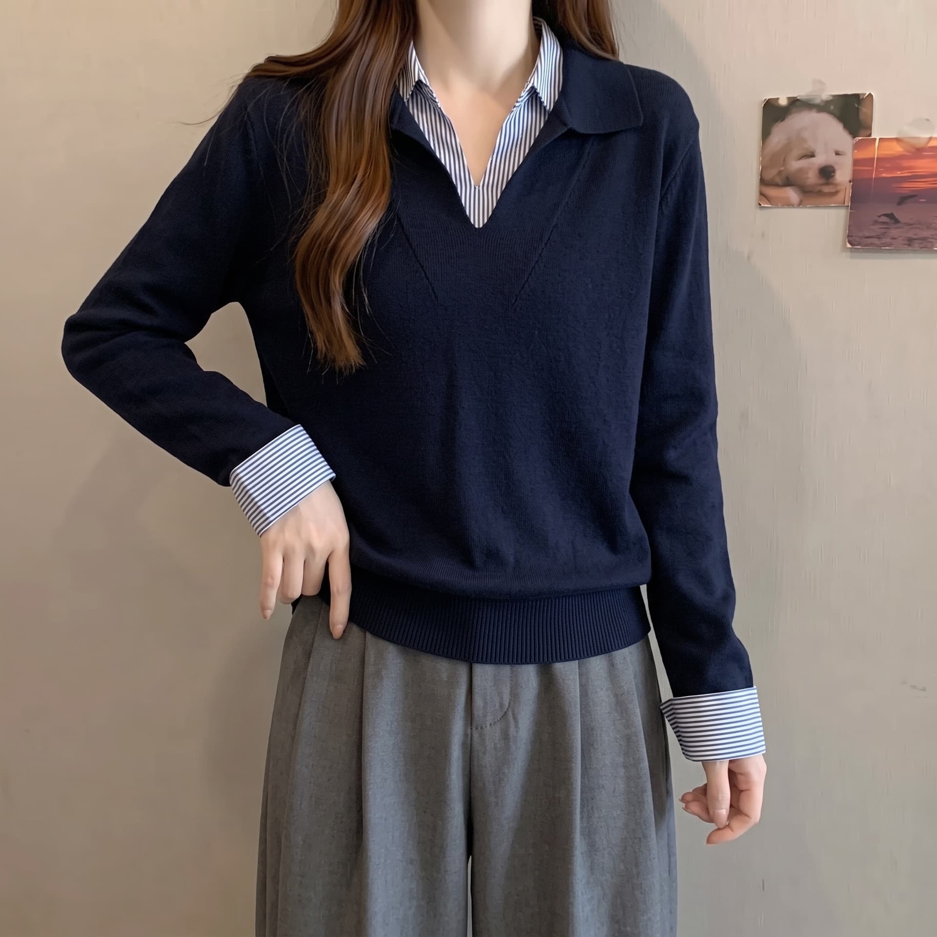 실사 가을 겨울 새로운 한 부서 레트로 스트라이프 패치워크 니트 스웨터 여자 POLO 칼라 가짜 2 피스 슈트 풀오버 맨위 상세 이미지 4