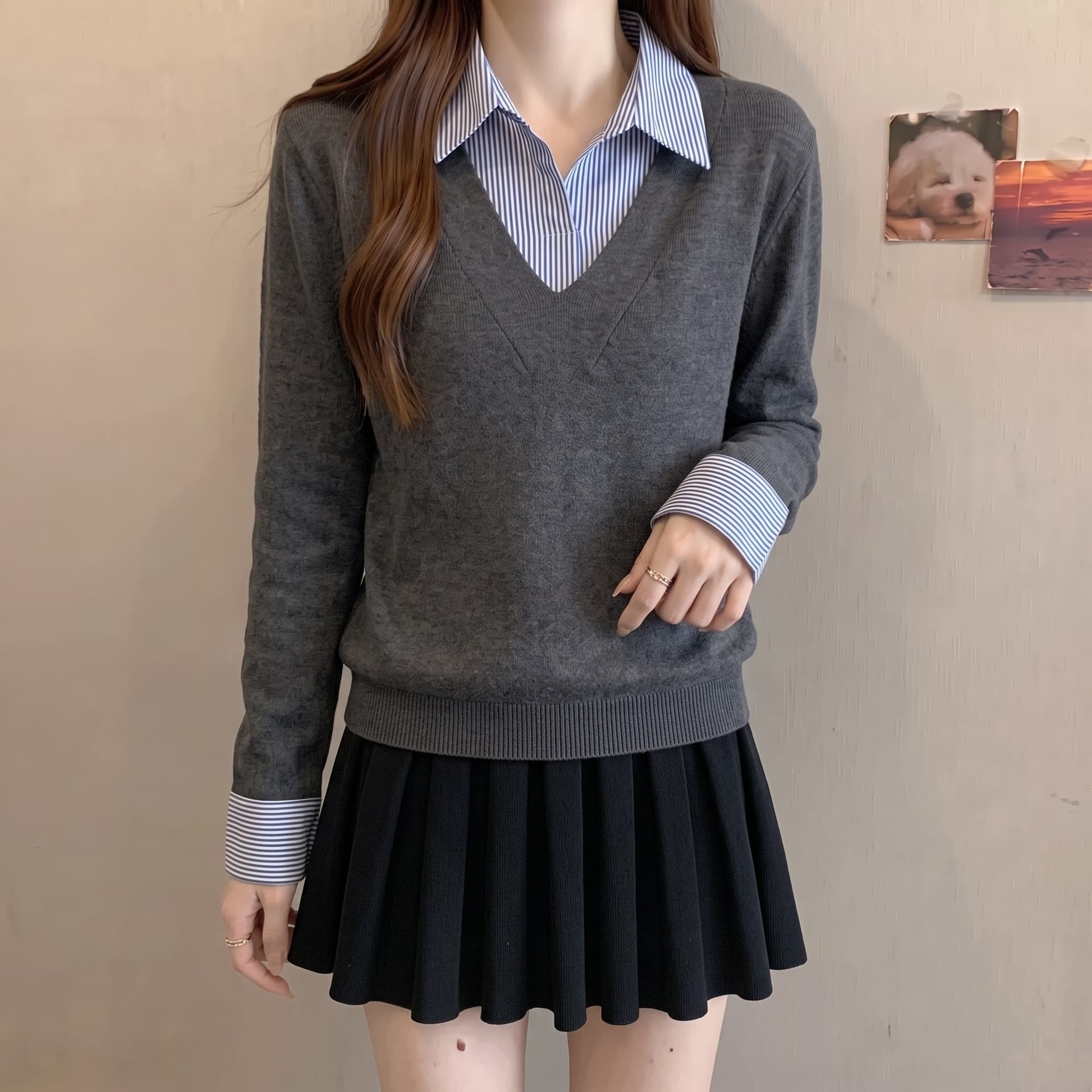 실사 가을 겨울 새로운 한 부서 레트로 스트라이프 패치워크 니트 스웨터 여자 POLO 칼라 가짜 2 피스 슈트 풀오버 맨위 상세 이미지 5