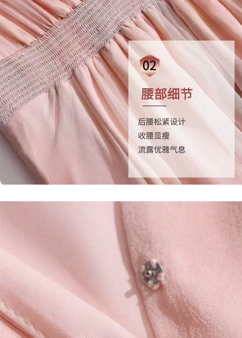 핑크색 드레스 여름 2026 새로운 고급 빛 럭셔리 나팔 소매 허리 수축 꽃무늬 치마 항저우 뽕나무 누에 실크 치마 상세 이미지 8