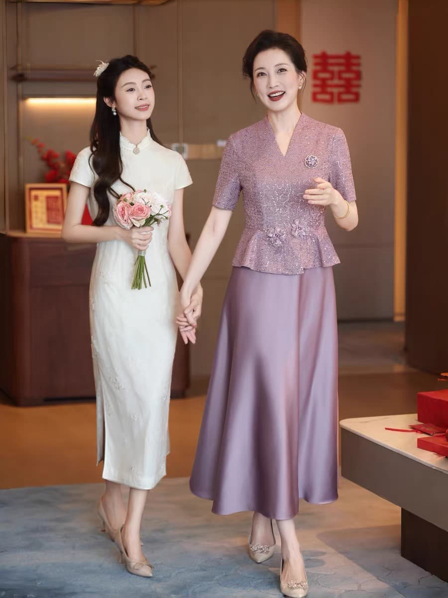 안녕하세요. 엄마 결혼 연회 로드 중 고귀한 외국 가스 영 섹션 향기로운 芋 보라색 스팽글 레이스 중노년 결혼식 엄마 예복 치마 이미지 2