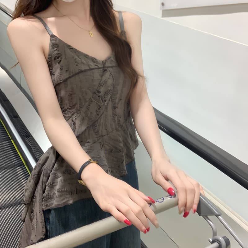 실사 정가 2025 새로운 레트로 찢어진 마 오래된 V넥 프릴 비스듬한 밑단 말꼬리 조끼 슬립 상세 이미지 4