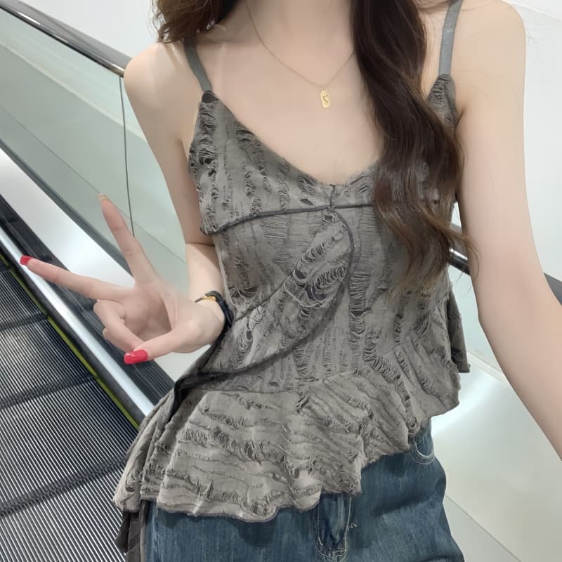 실사 정가 2025 새로운 레트로 찢어진 마 오래된 V넥 프릴 비스듬한 밑단 말꼬리 조끼 슬립 상세 이미지 6