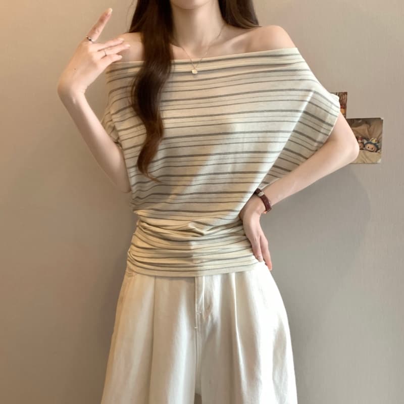 실사 새로운 순수한 욕망 핫걸 바람 오프숄더 비스듬한 어깨 다양한 착용 법 반팔 주름 허리 수축 슬림해 보이는 맨위 티셔츠 상세 이미지 5