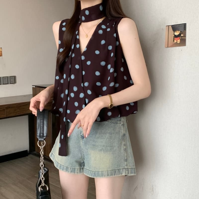 실사 정가 새로운 한 부서 도트 무늬 행침 목 민소매 V넥 조끼 상세 이미지 5