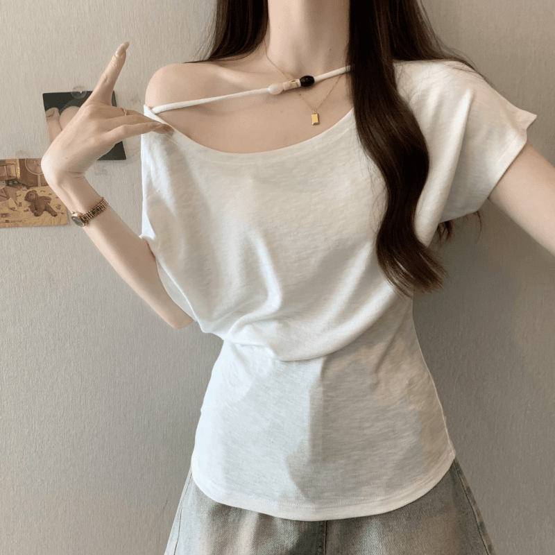 실사 한 부서 디자인 센스 작은 대중 황색 비스듬한 어깨 반팔 여성 여름 얇은 스타일 고유 한 아름다운 허리 수축 오프숄더 맨위 이미지 2