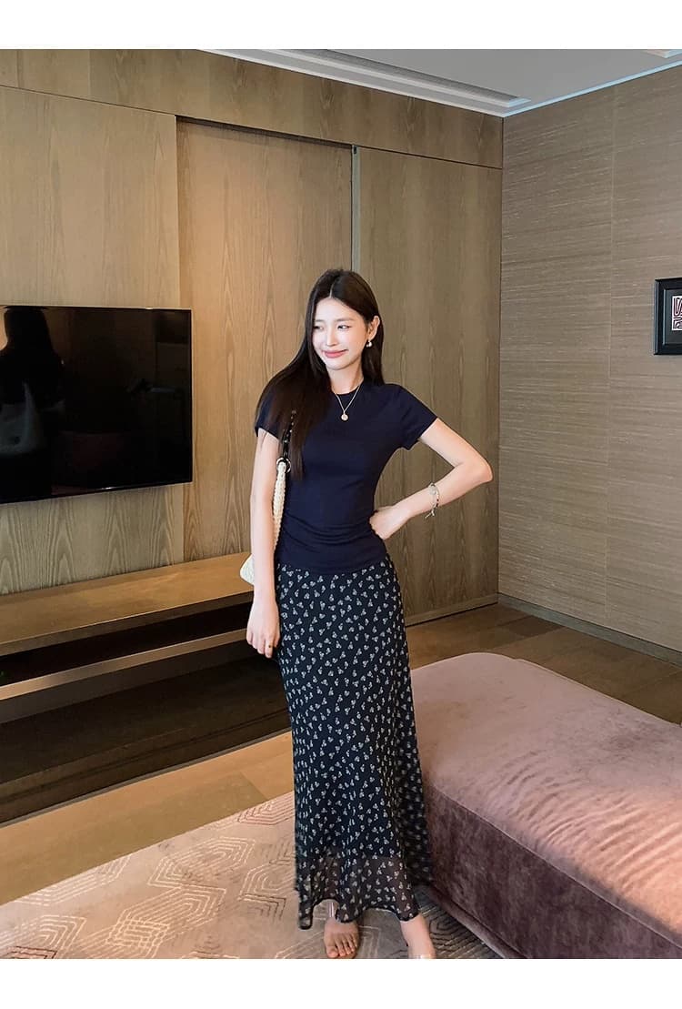 블루 색상 꽃무늬 반 스커트 몸매 가꾸기 하이웨이스트 비스듬한 자르다 쉬폰 프린트 인어 꼬리 반신 스커트 여성 2026 여름 롱 스커트 롱 코트 상세 이미지 5