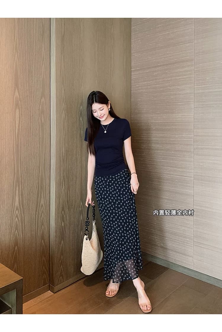 블루 색상 꽃무늬 반 스커트 몸매 가꾸기 하이웨이스트 비스듬한 자르다 쉬폰 프린트 인어 꼬리 반신 스커트 여성 2026 여름 롱 스커트 롱 코트 상세 이미지 8