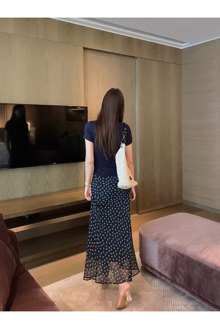 블루 색상 꽃무늬 반 스커트 몸매 가꾸기 하이웨이스트 비스듬한 자르다 쉬폰 프린트 인어 꼬리 반신 스커트 여성 2026 여름 롱 스커트 롱 코트 상세 이미지 9