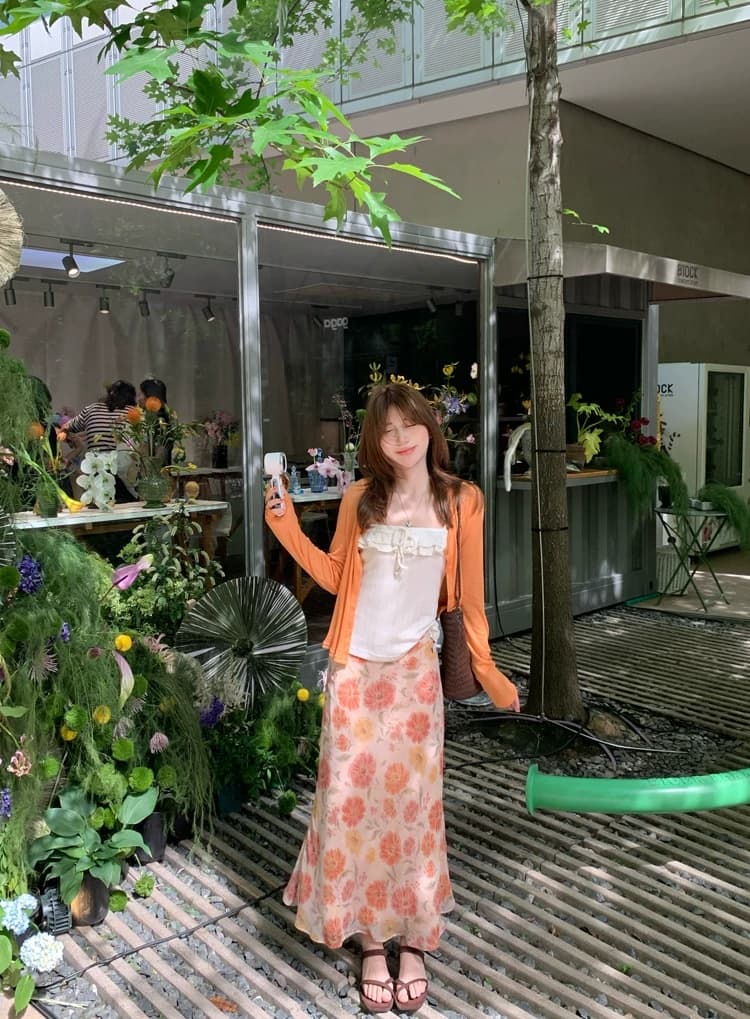 2026 여름 쉬폰 프린트 비스듬한 자르다 하이웨이스트 주황색 분말 꽃 반신 스커트 여성 레트로 슬림해 보이는 인어 꼬리 롱 스커트 상세 이미지 11